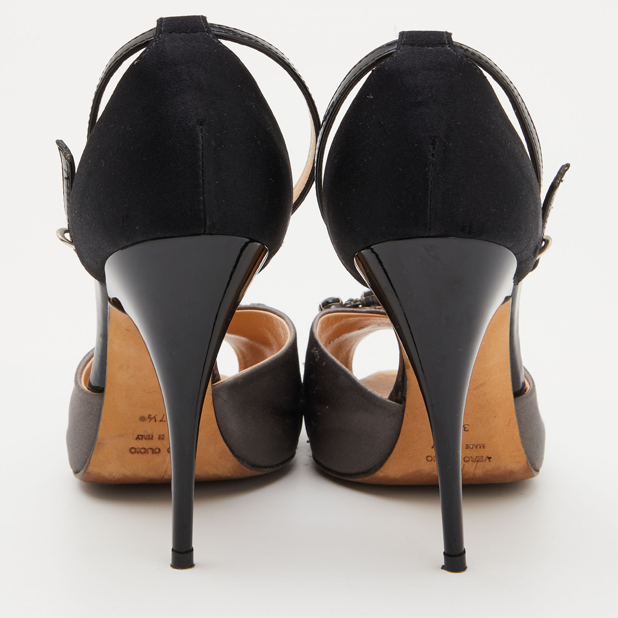 Giuseppe Zanotti Grey/Black Satin and Patent Leather Crystal Embellished Ankle Strap Sandals Size 37.5 