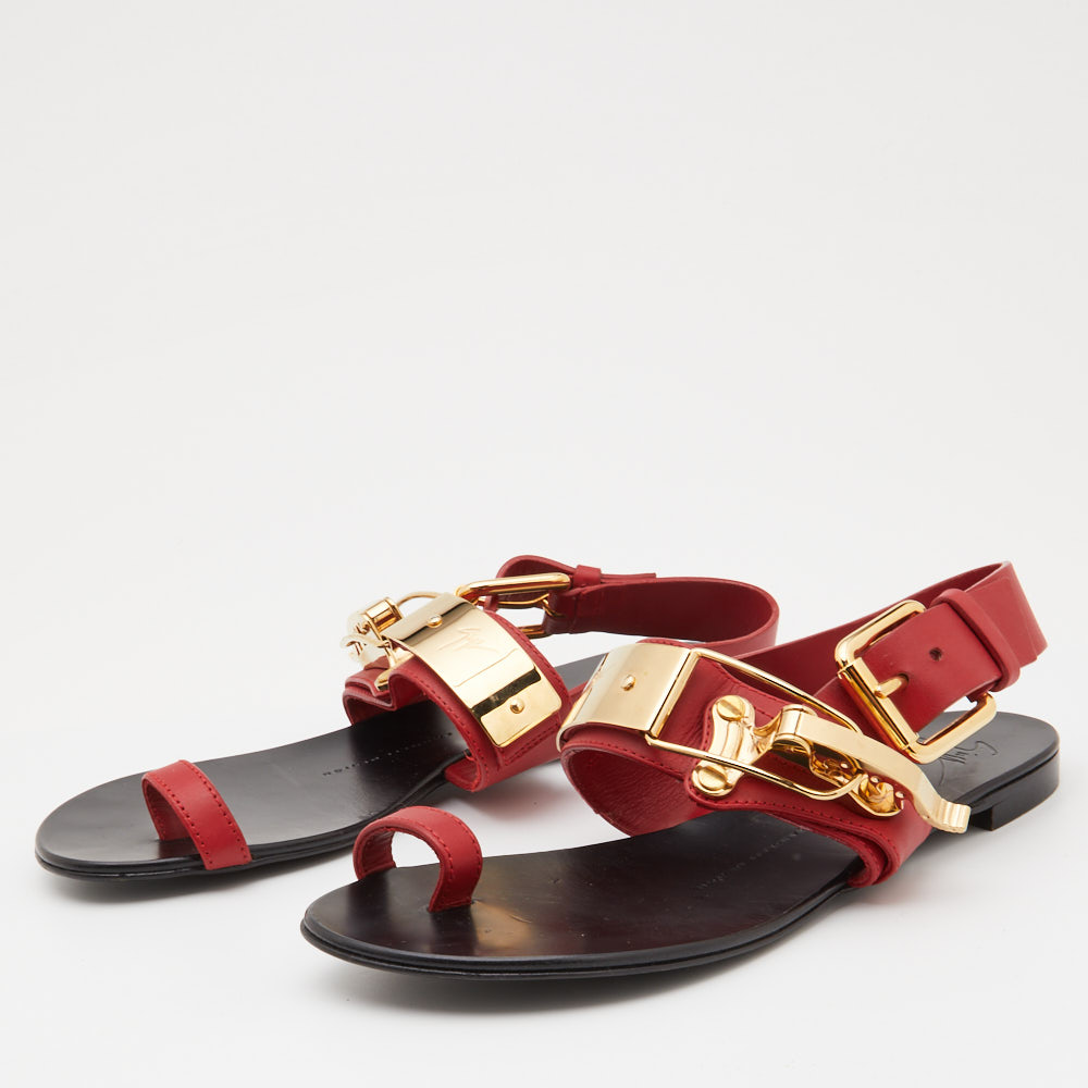 

Giuseppe Zanotti Red Leather Toe Ring Buckle Slingback Flat Sandals Size