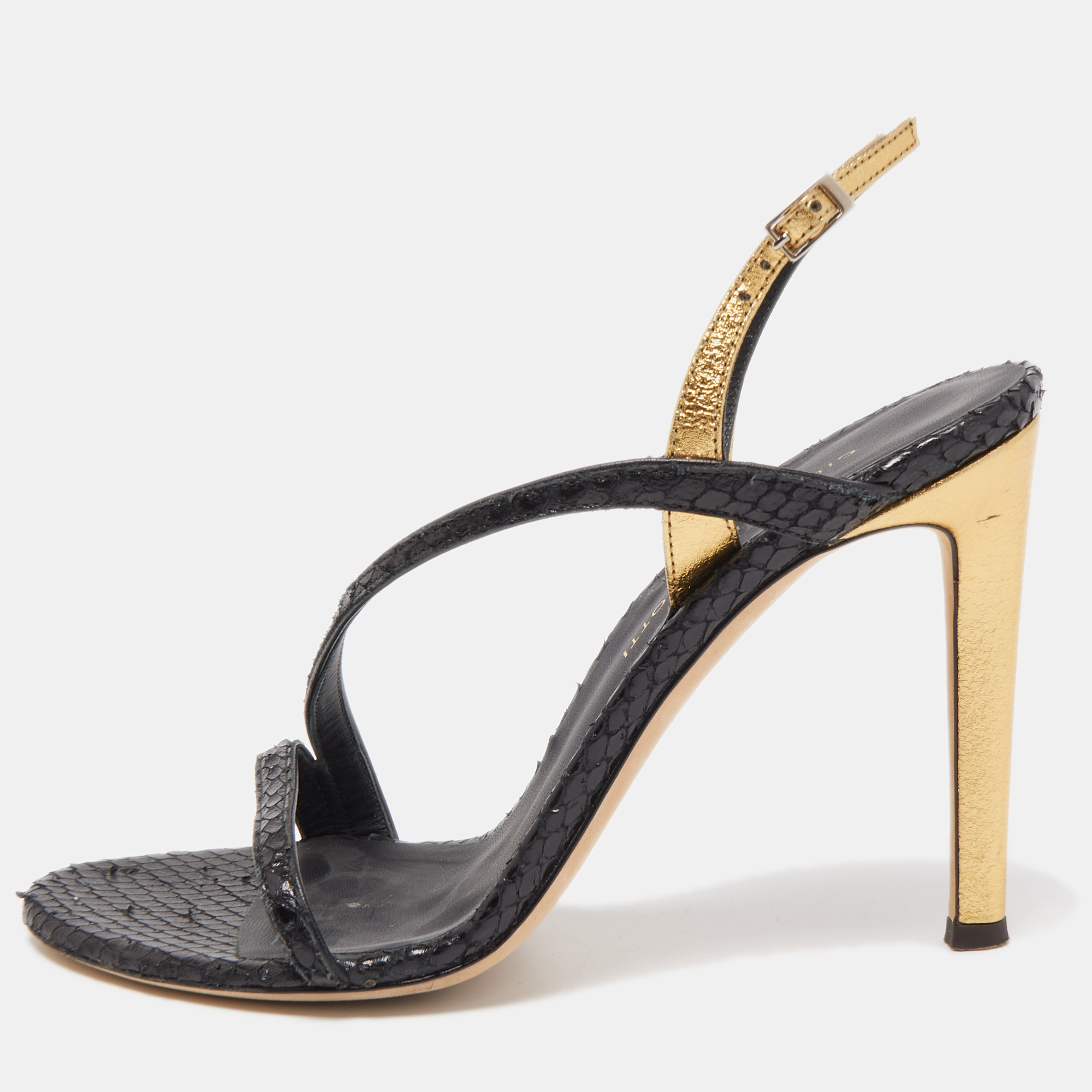 

Giuseppe Zanotti Black/Gold Python Embossed and Leather Slingback Sandals Size