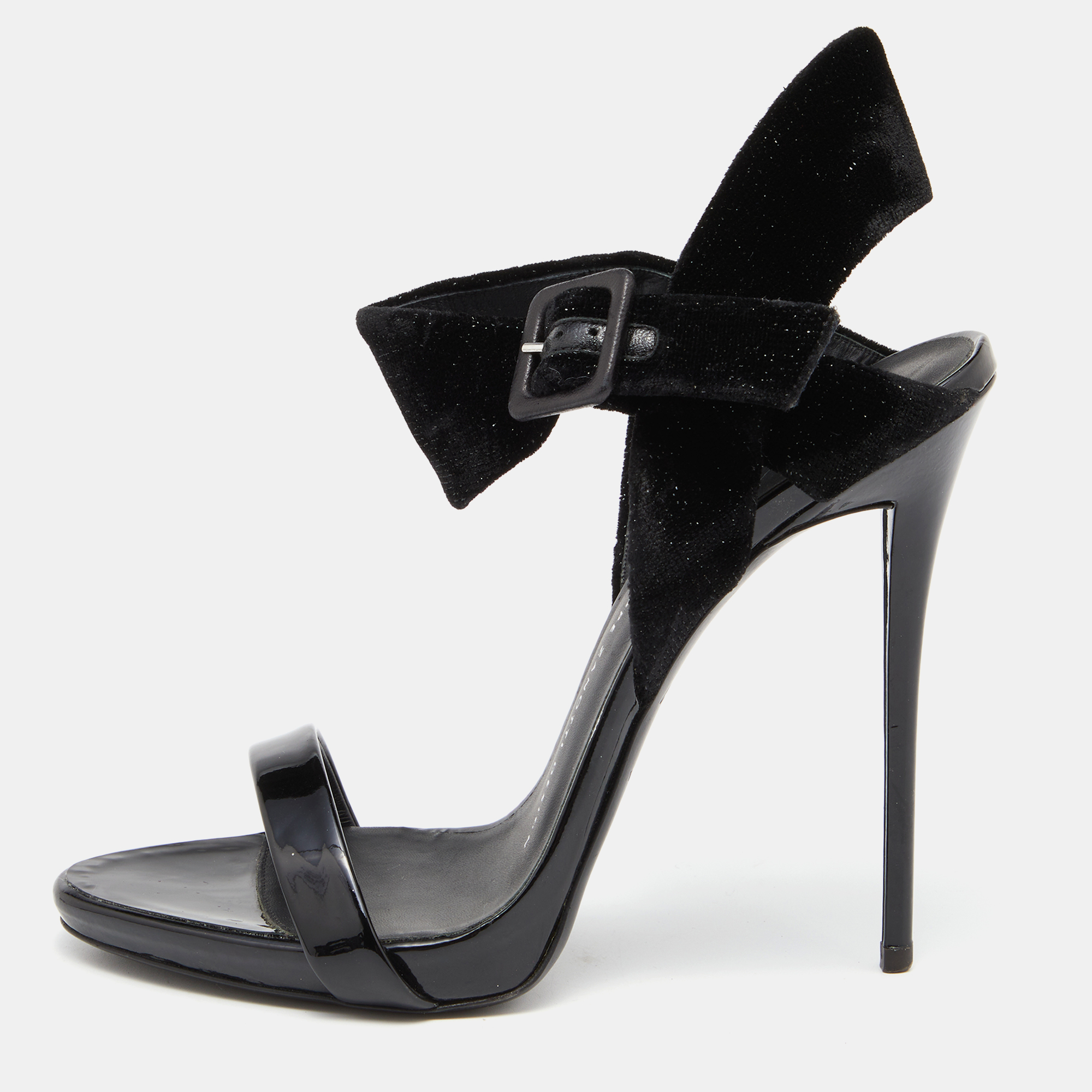 

Giuseppe Zanotti Black Velvet and Patent Leather Ankle Strap Sandals Size