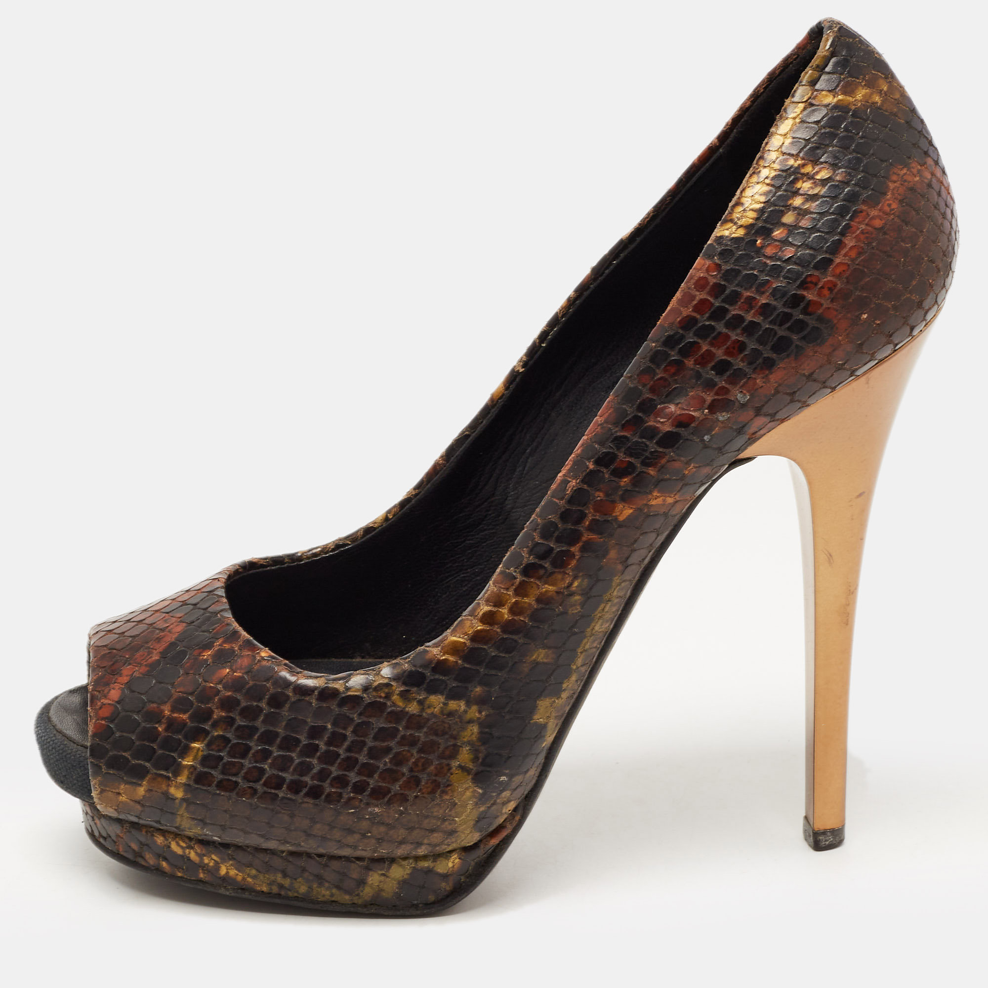 Pre-owned Giuseppe Zanotti Brown Python Embossed Leather Peep Toe Pumps Size 35