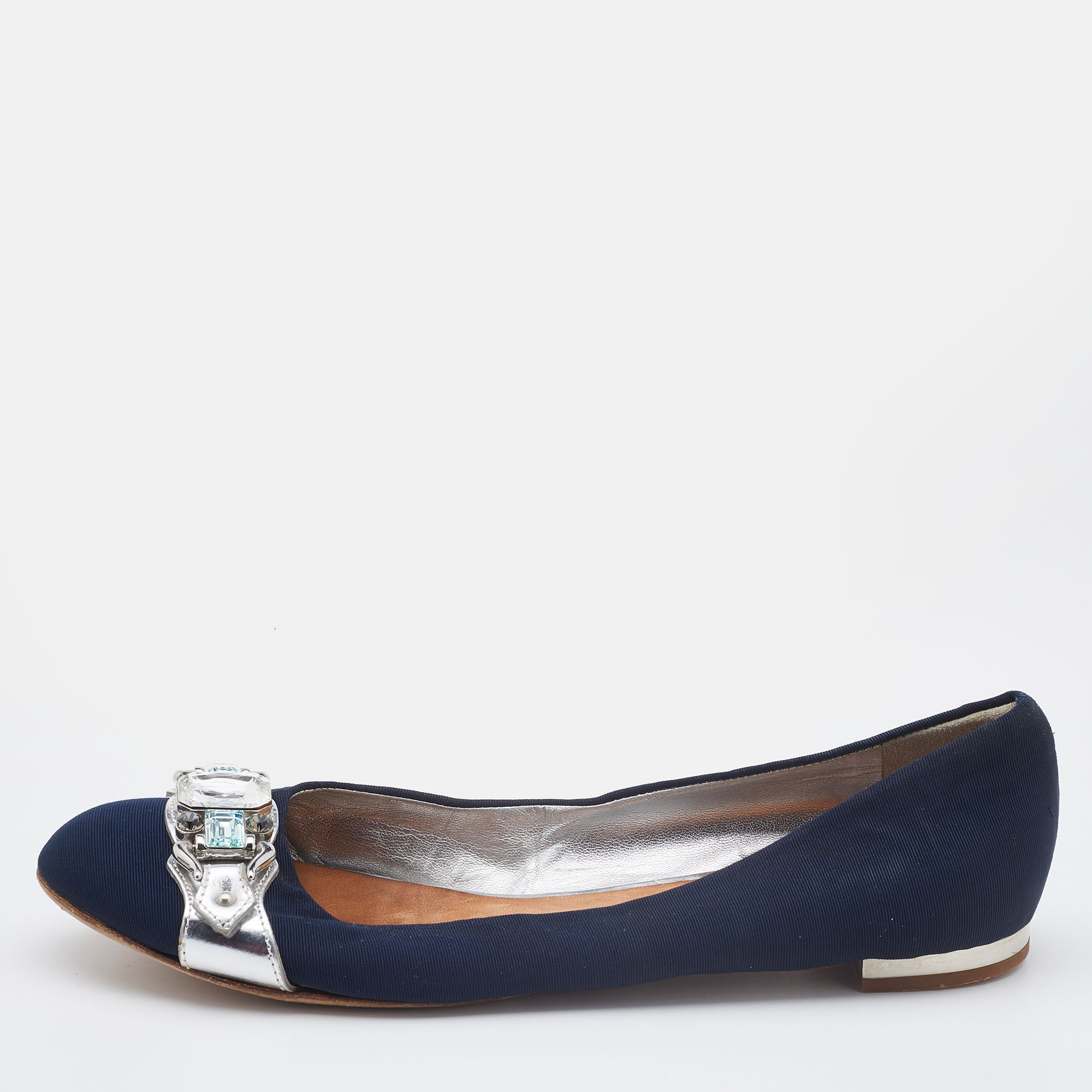 Pre-owned Giuseppe Zanotti Navy Blue Canvas Crystals Embellishment Ballet Flats Size 40.5