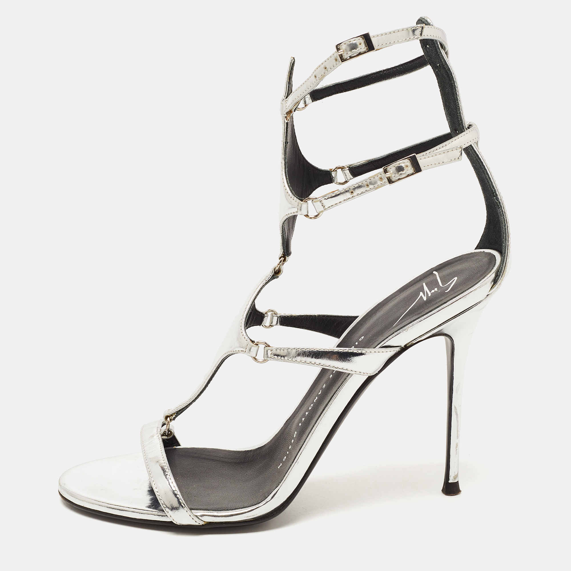 Pre-owned Giuseppe Zanotti Metallic Silver Leather Strappy Sandals Size 37.5