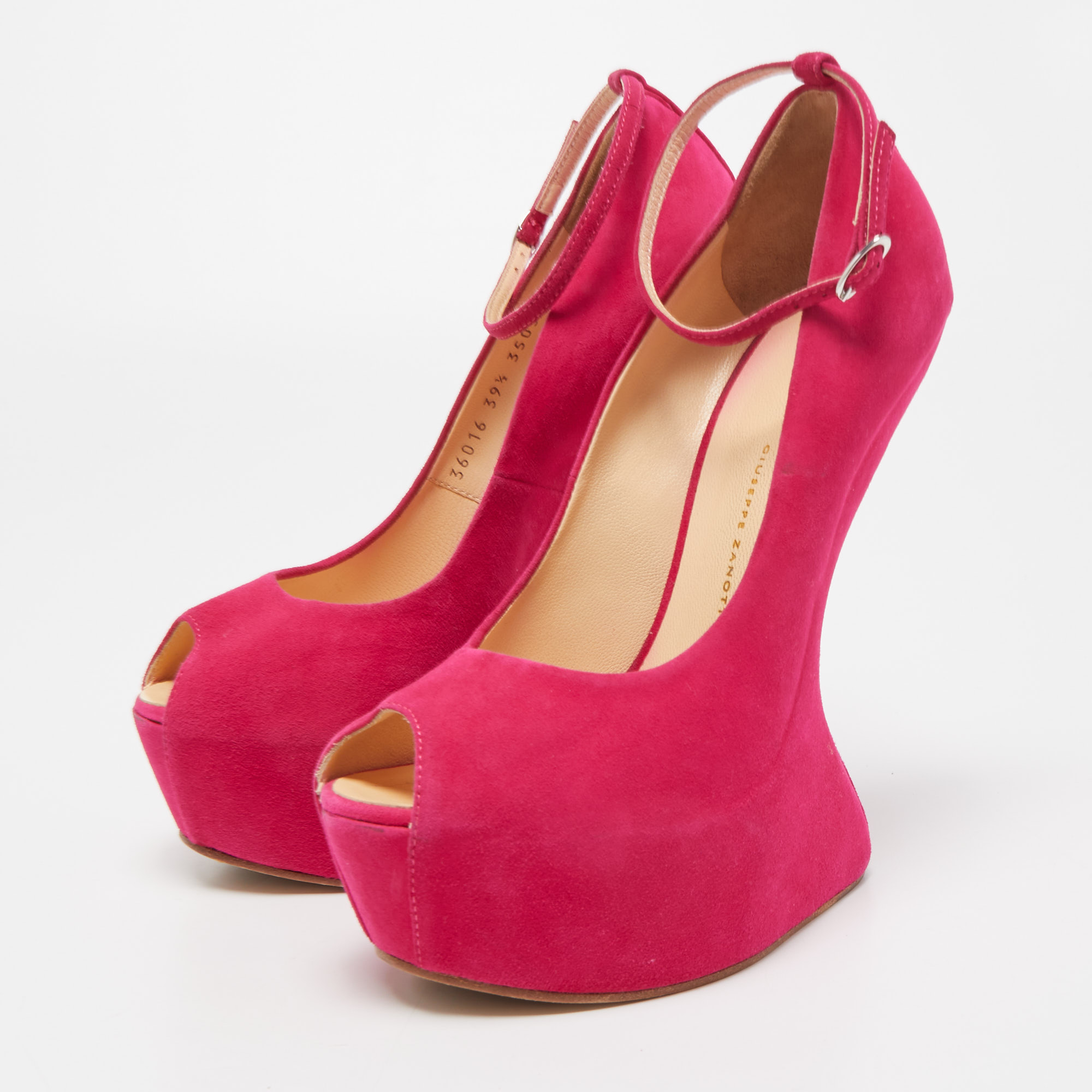 

Giuseppe Zanotti Pink Suede Peep Toe Platform Heel Less Ankle Strap Pumps Size