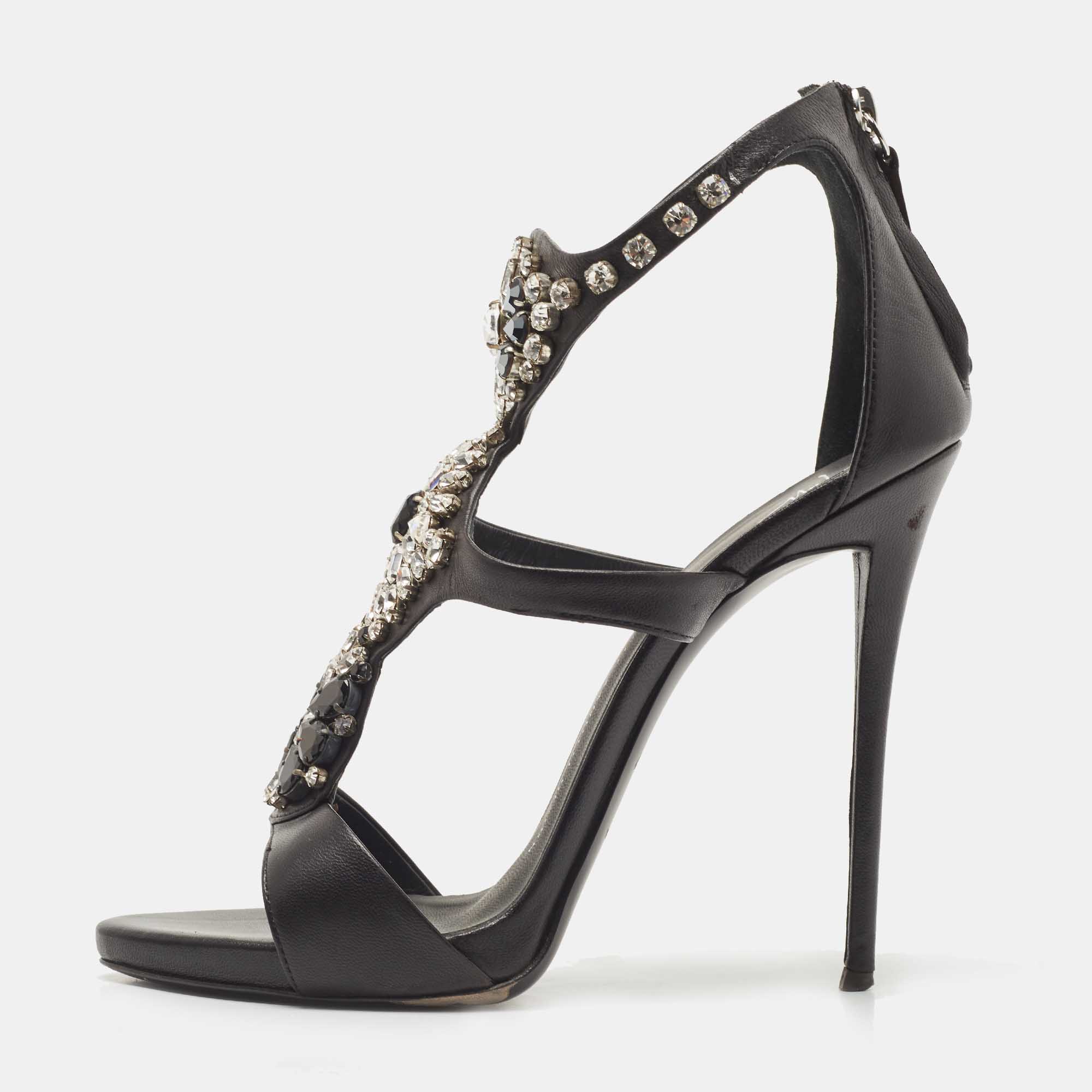 

Giuseppe Zanotti Black Leather Crystal Embellished Strappy Sandals Size