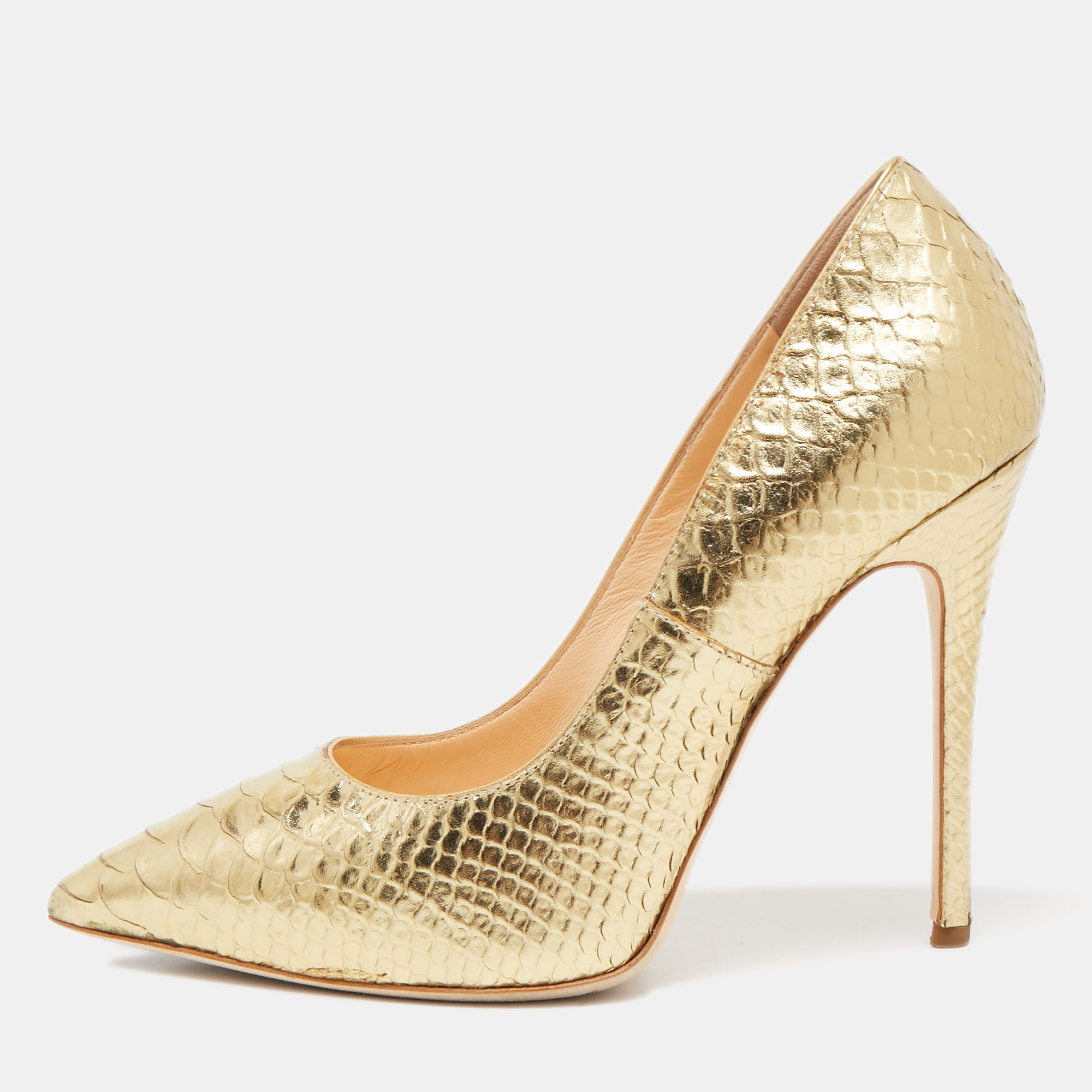 Pre-owned Giuseppe Zanotti Gold Python Embossed Pointed Toe Pumps Size 37.5