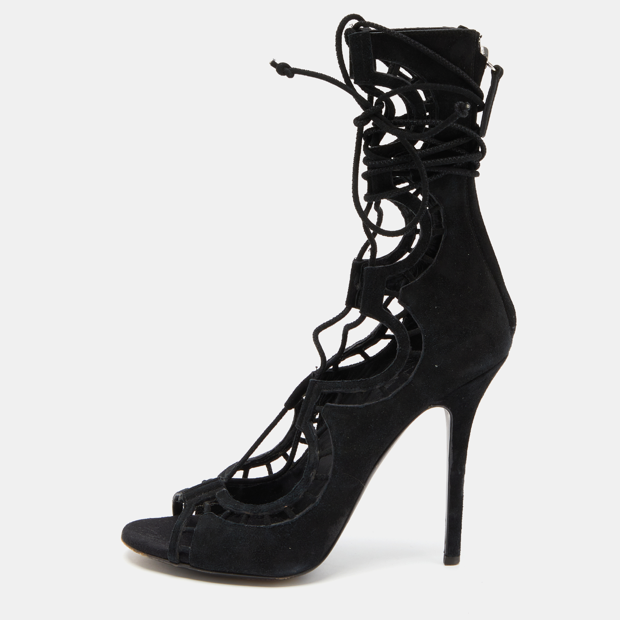 Pre-owned Giuseppe Zanotti Black Suede Cut Out Strappy High Peep Toe Sandals Size 38.5