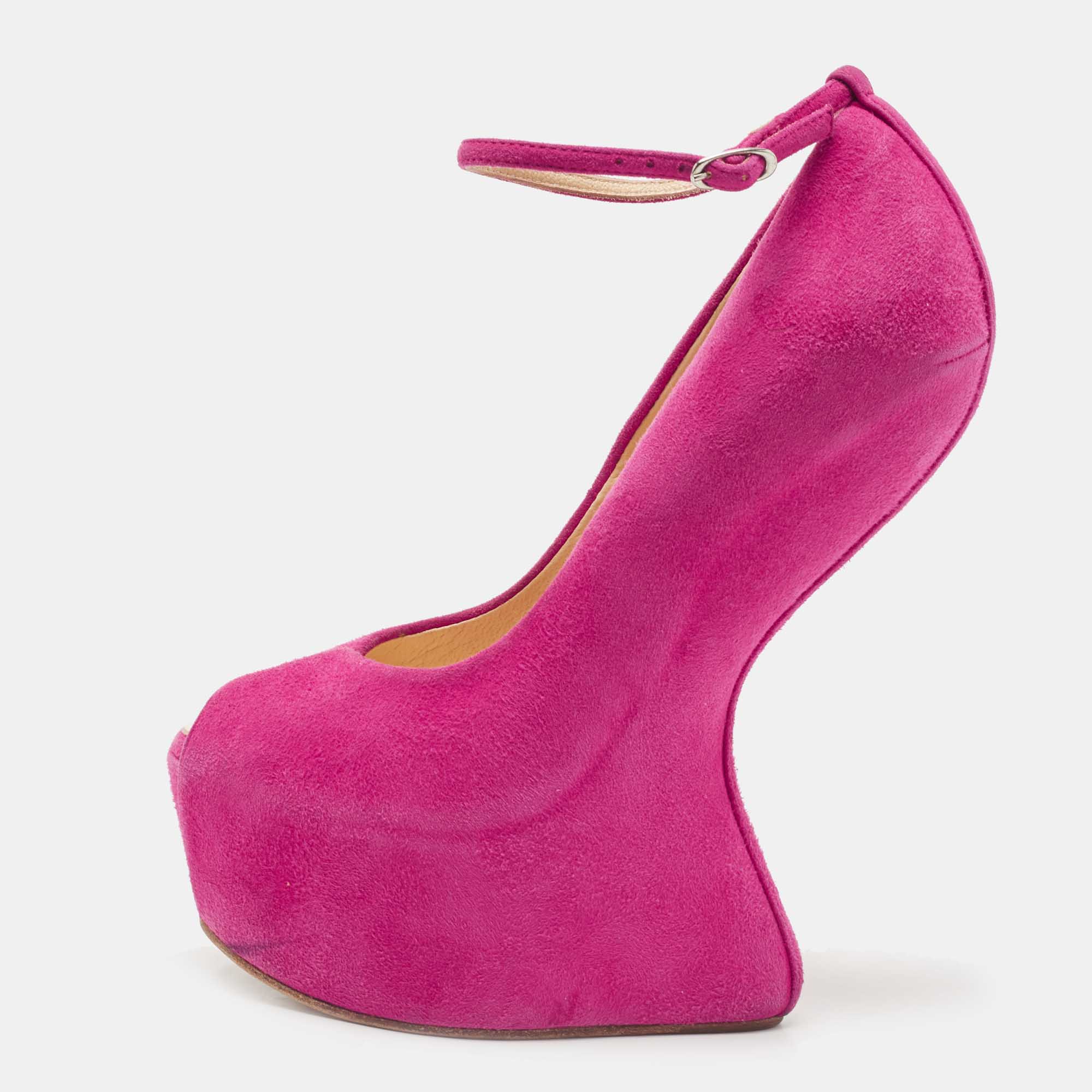 Pre-owned Giuseppe Zanotti Pink Suede Peep Toe Heel Less Ankle Strap Pumps Size 35