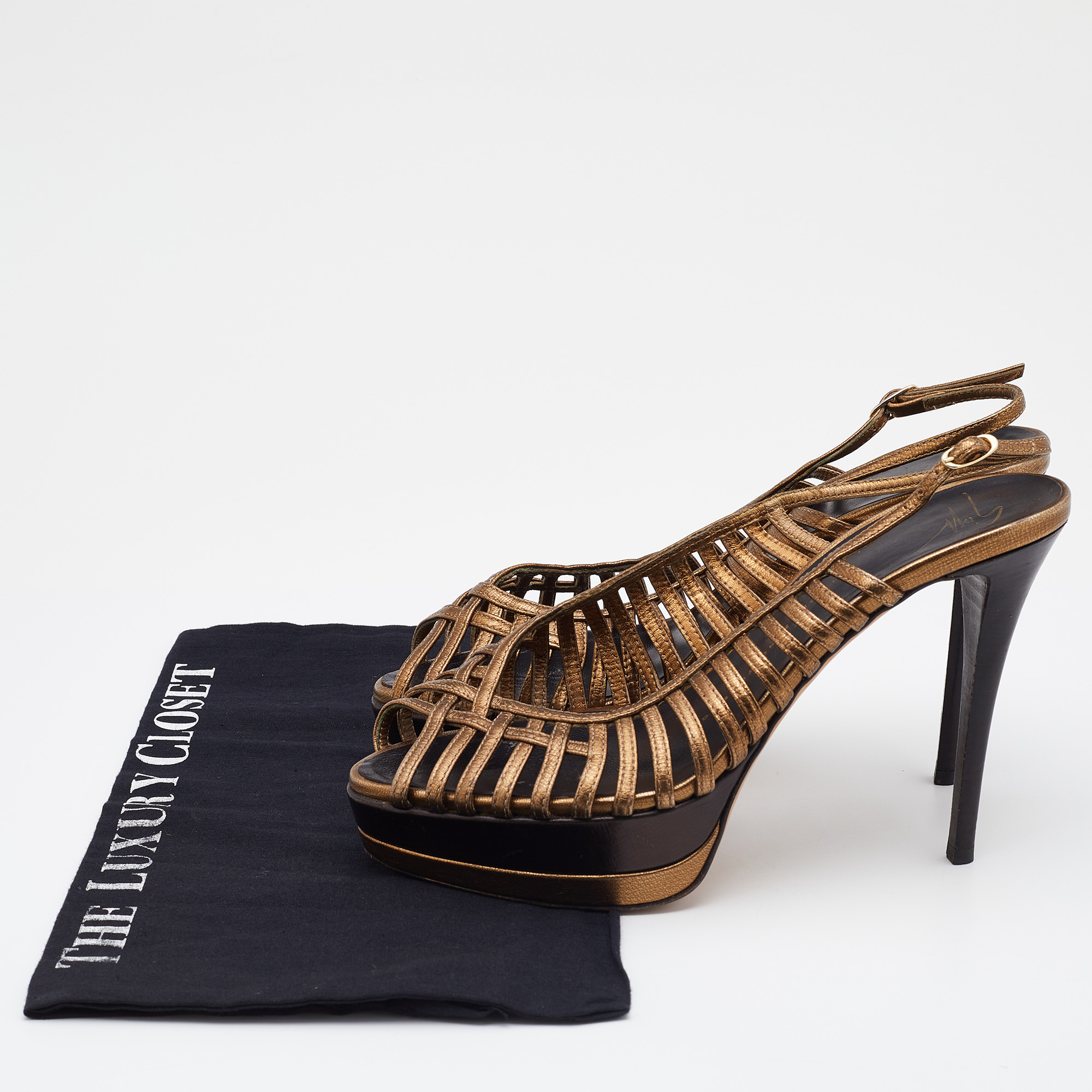 Giuseppe Zanotti Gold/Brown Leather Strappy Platform Sandals Size 39 
