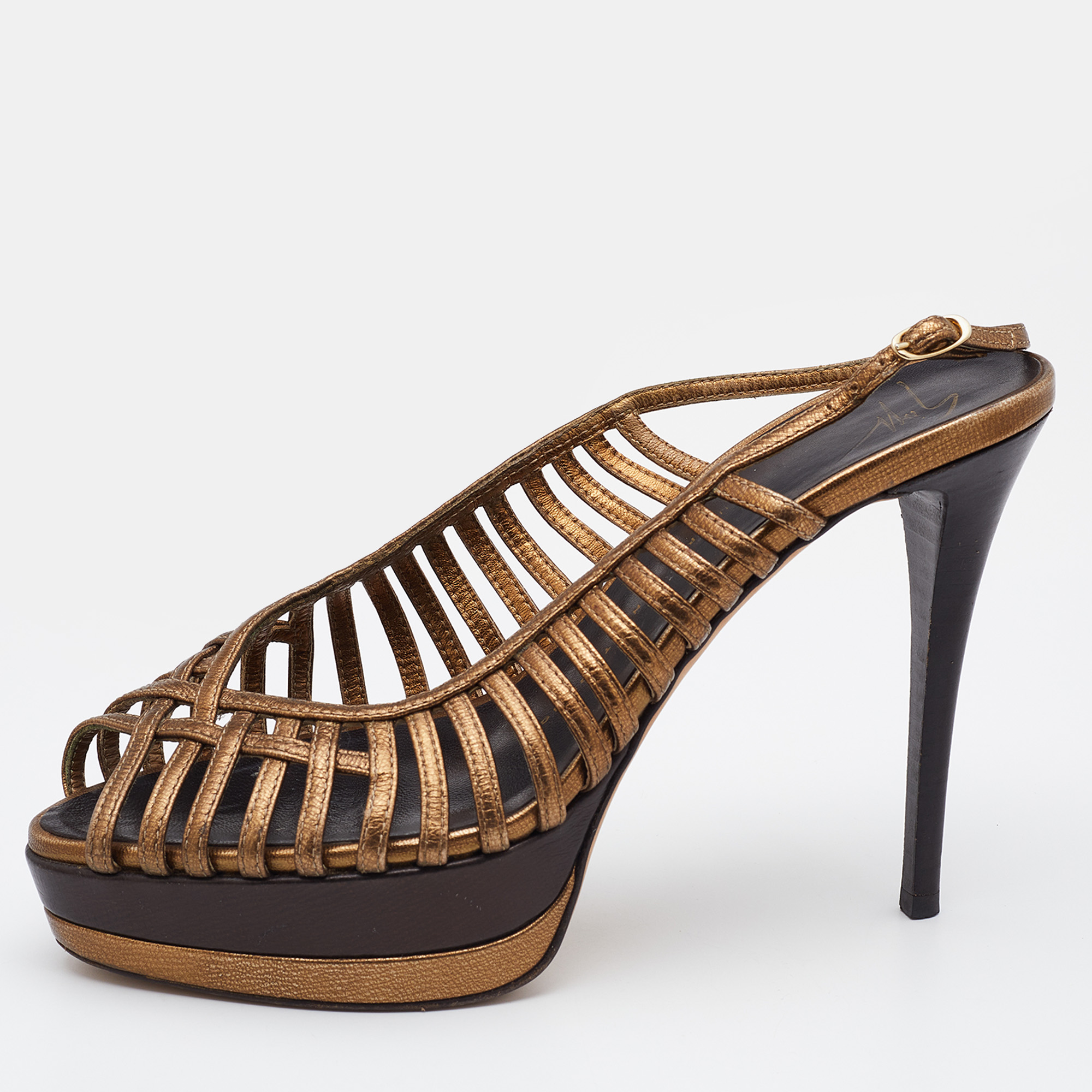 

Giuseppe Zanotti Gold/Brown Leather Strappy Platform Sandals Size