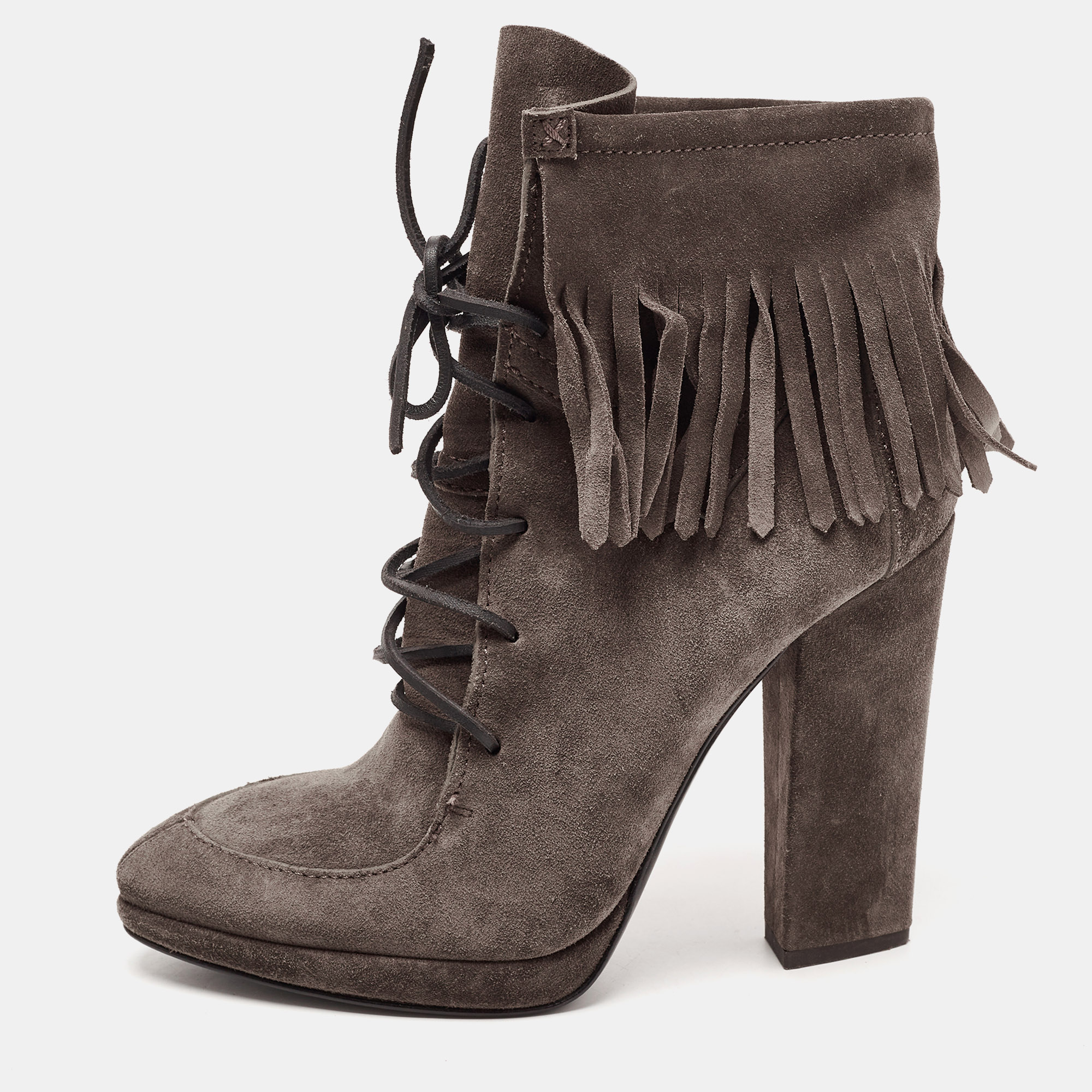 Pre-owned Giuseppe Zanotti Dark Grey Suede Fringe Detail Ankle Booties Size 39