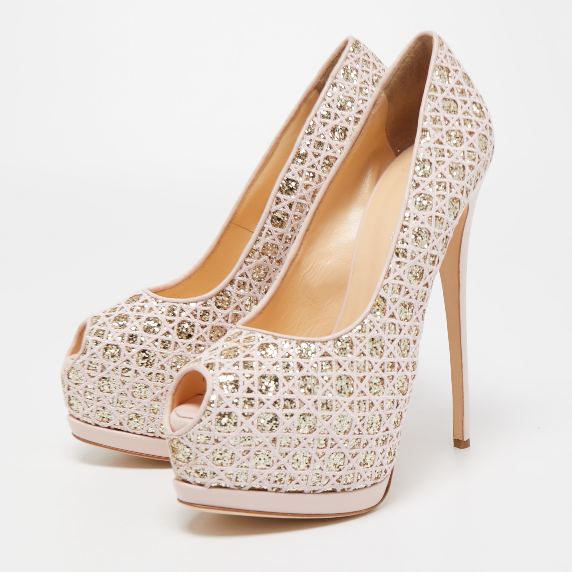 

Giuseppe Zanotti Pink Glitter Lace Sharon Platform Peep Toe Pumps Size