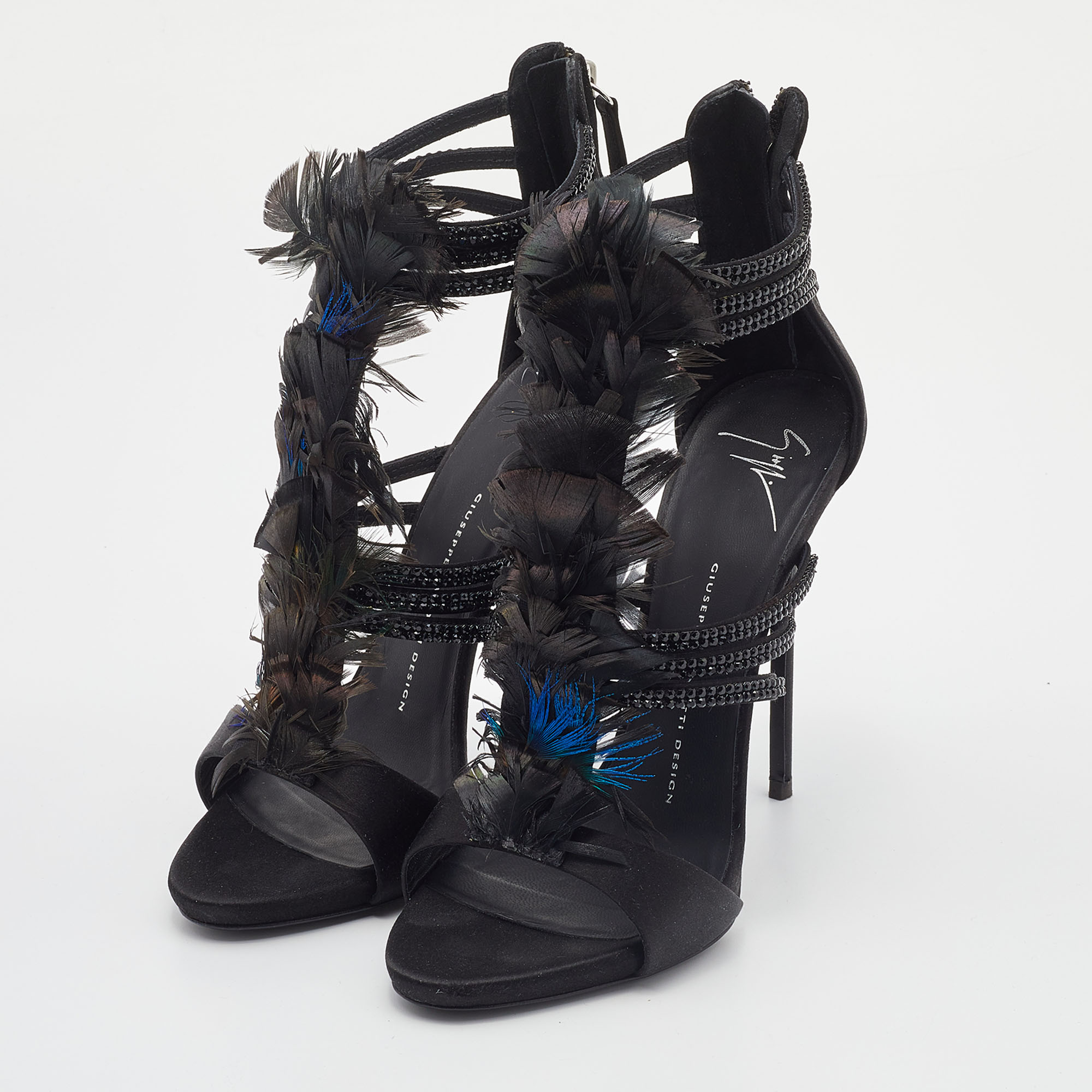 

Giuseppe Zanotti Black Feather and Satin Crystal Embellished Sandals Size