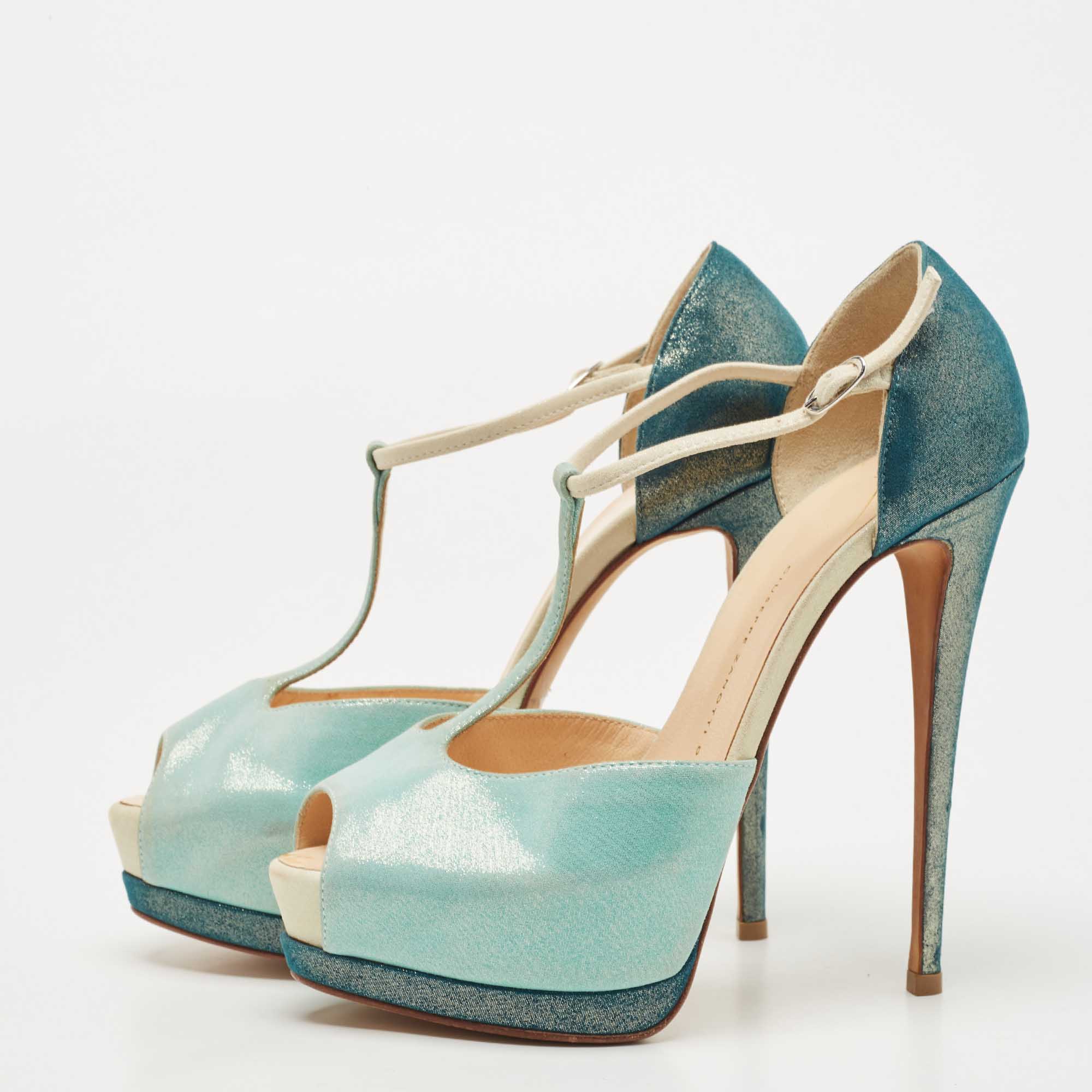 

Giuseppe Zanotti Green/Blue Suede T-Strap Platform Peep Toe Sandals Size