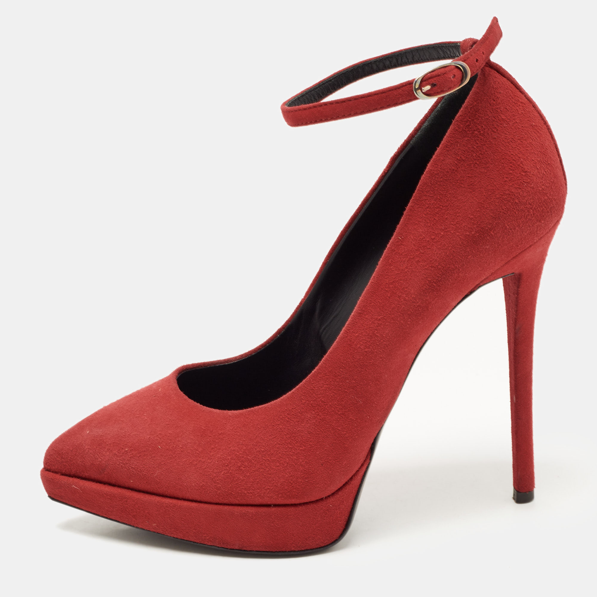 Pre-owned Giuseppe Zanotti Red Suede Ankle Strap Platform Pointed Toe Pumps Size 37