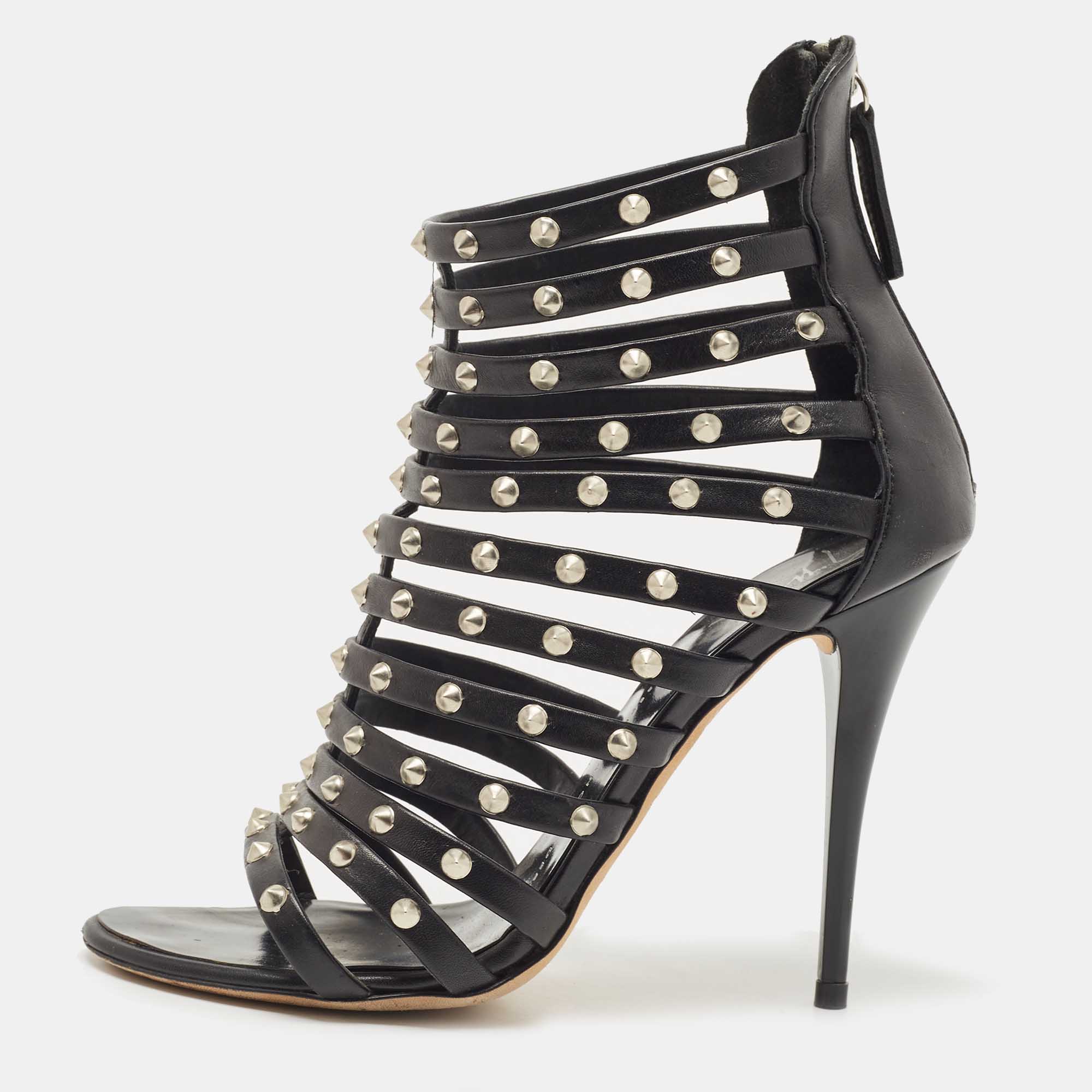 Pre-owned Giuseppe Zanotti Black Leather Studded Strappy Sandals Size 36.5