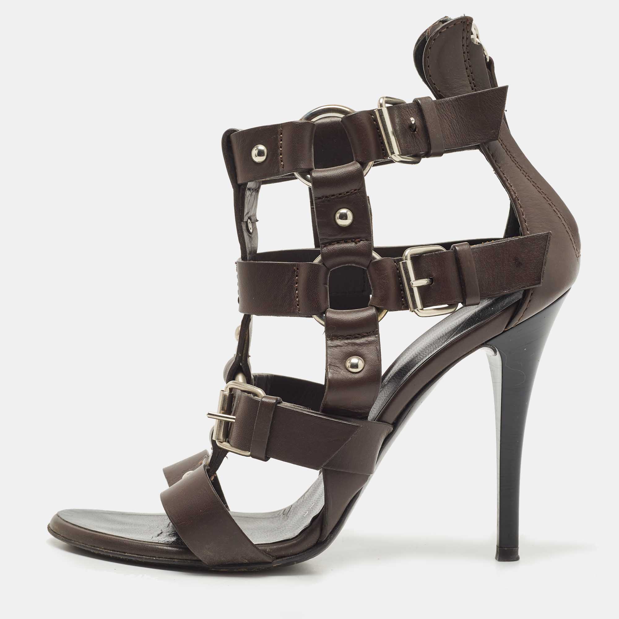 Pre-owned Giuseppe Zanotti Brown Leather Strappy Sandals Size 37.5