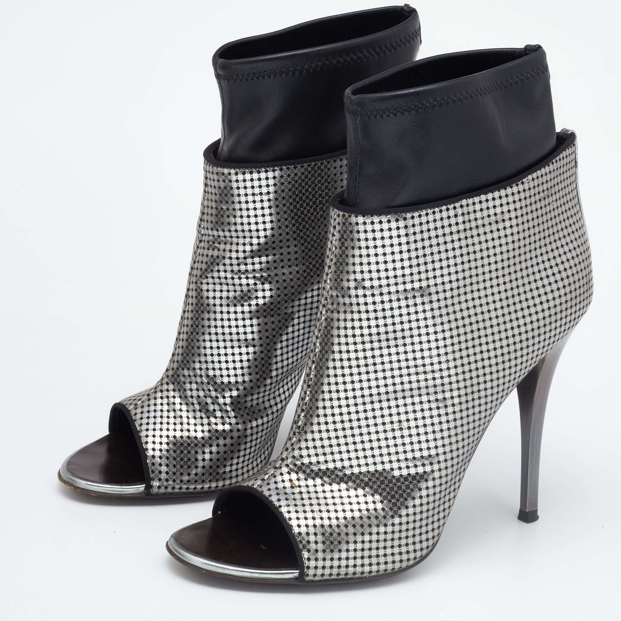 

Giuseppe Zanotti Silver/Black Perforated Leather Open Toe Ankle Booties Size