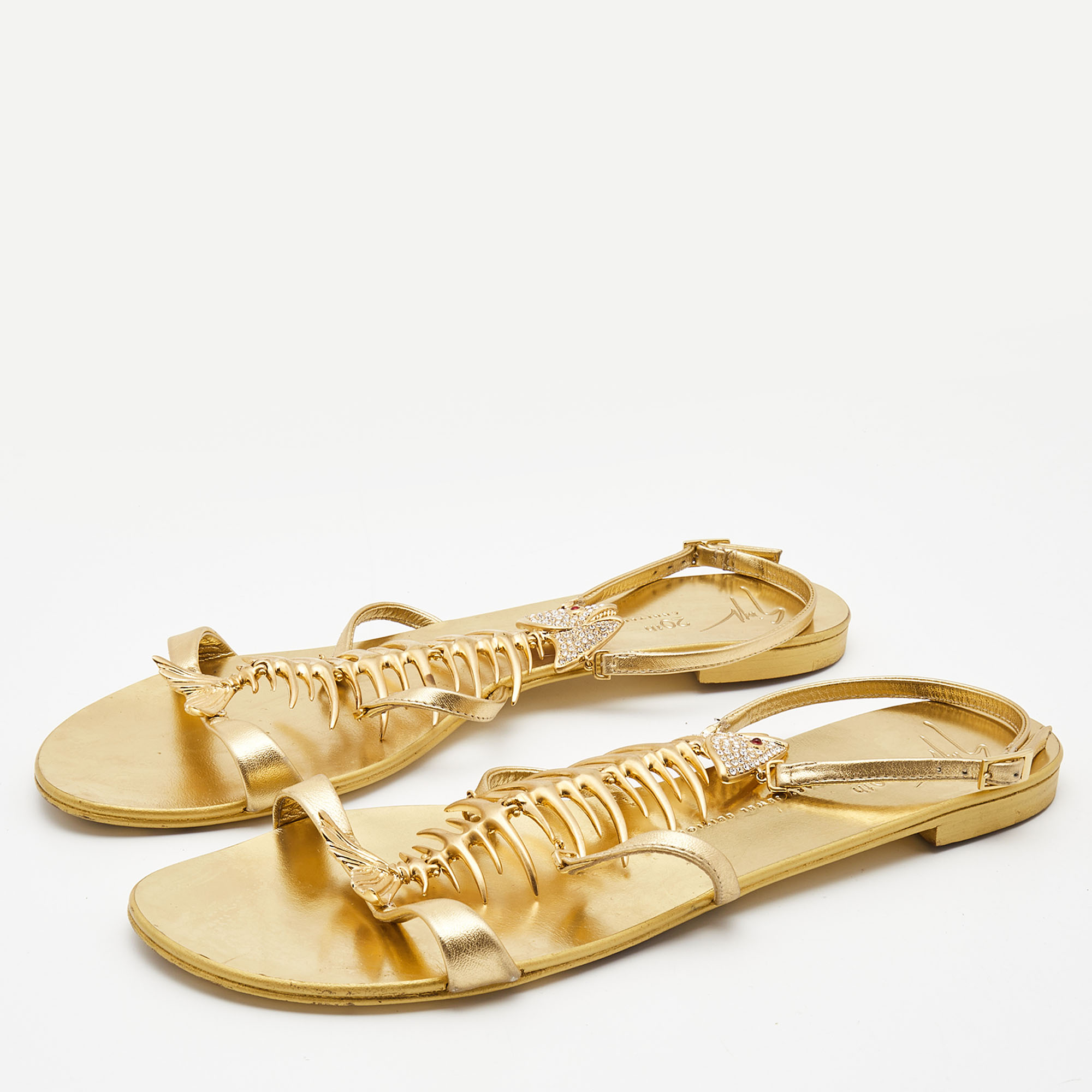 

Giuseppe Zanotti Gold Leather Fishbone Embellished Ankle Strap Sandals Size