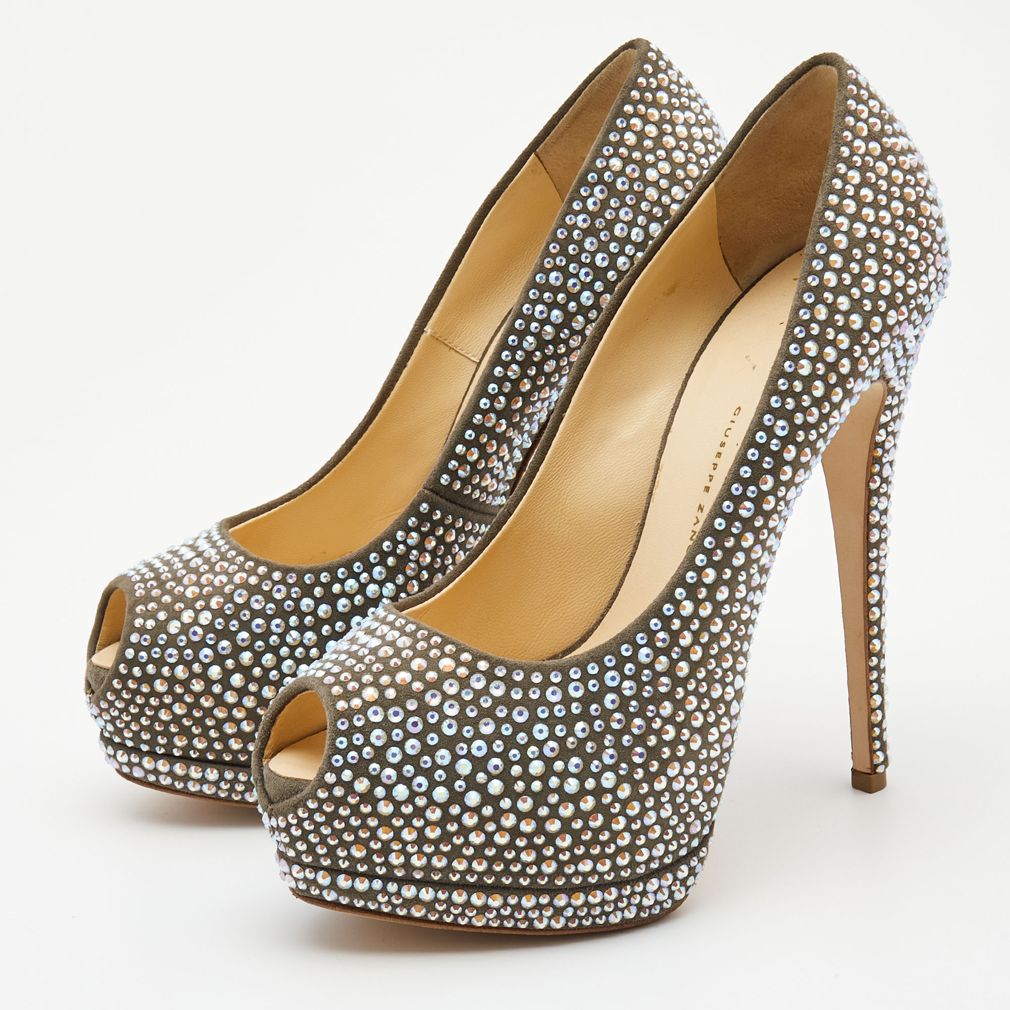 

Giuseppe Zanotti Grey Suede Crystal Embellished Peep Toe Pumps Size