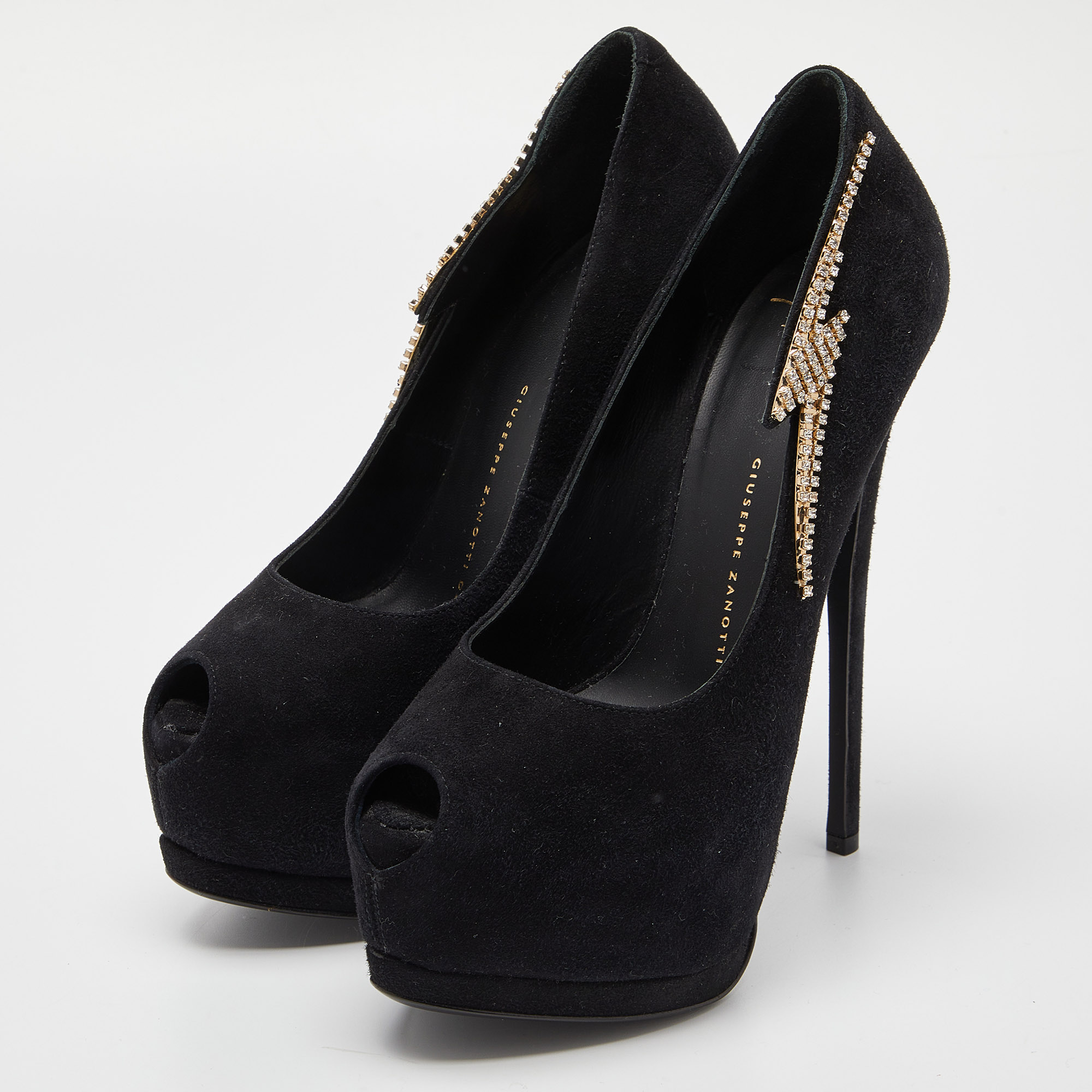 

Giuseppe Zanotti Black Suede Crystal Embellished Peep Toe Pumps Size