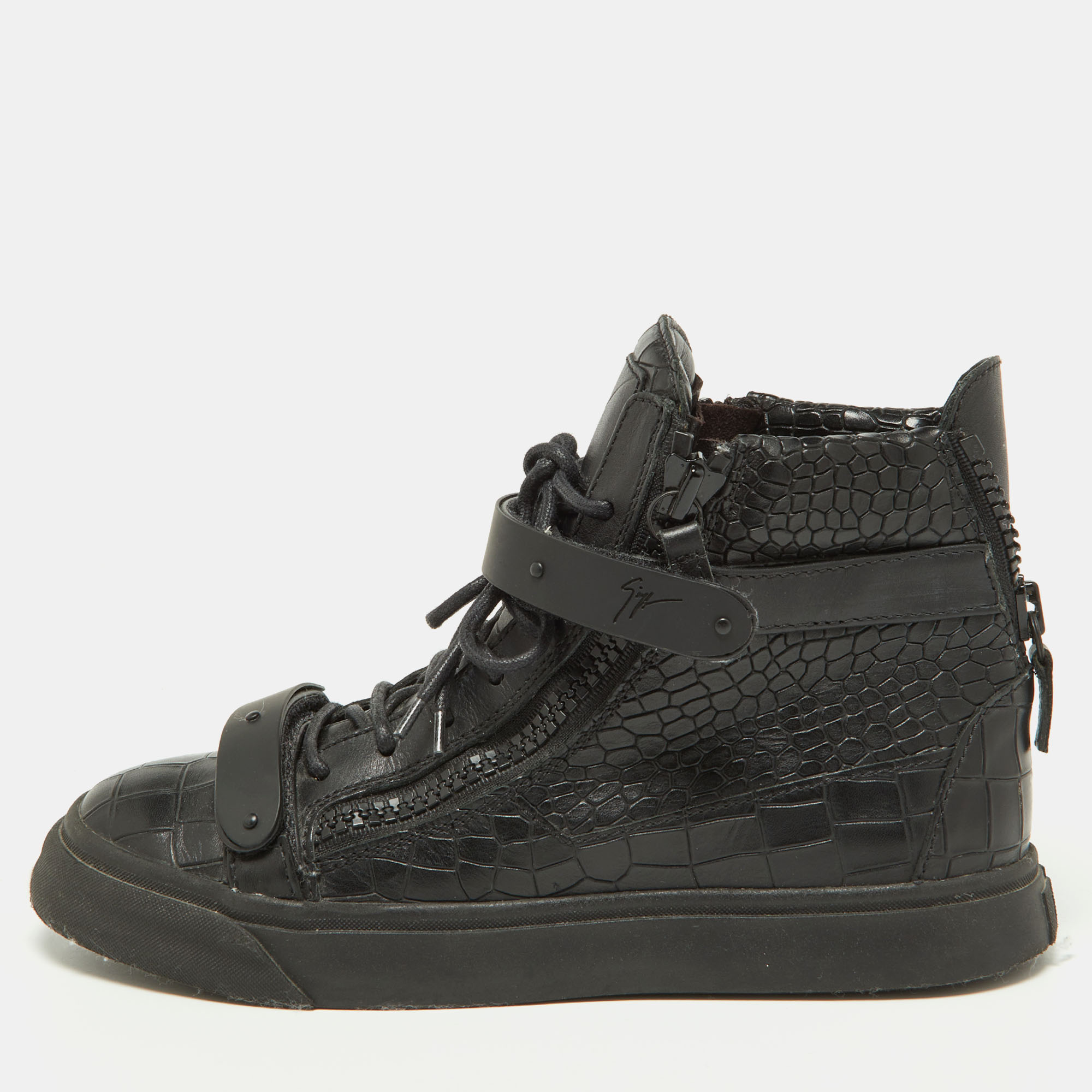 

Giuseppe Zanotti Black Croc Embossed Leather Coby High Top Sneakers Size