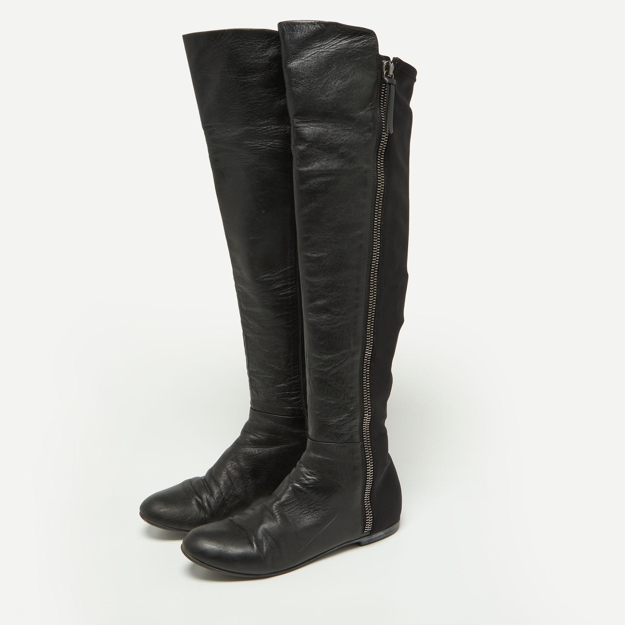 

Giuseppe Zanotti Black Leather and Satin Knee Length Boots Size