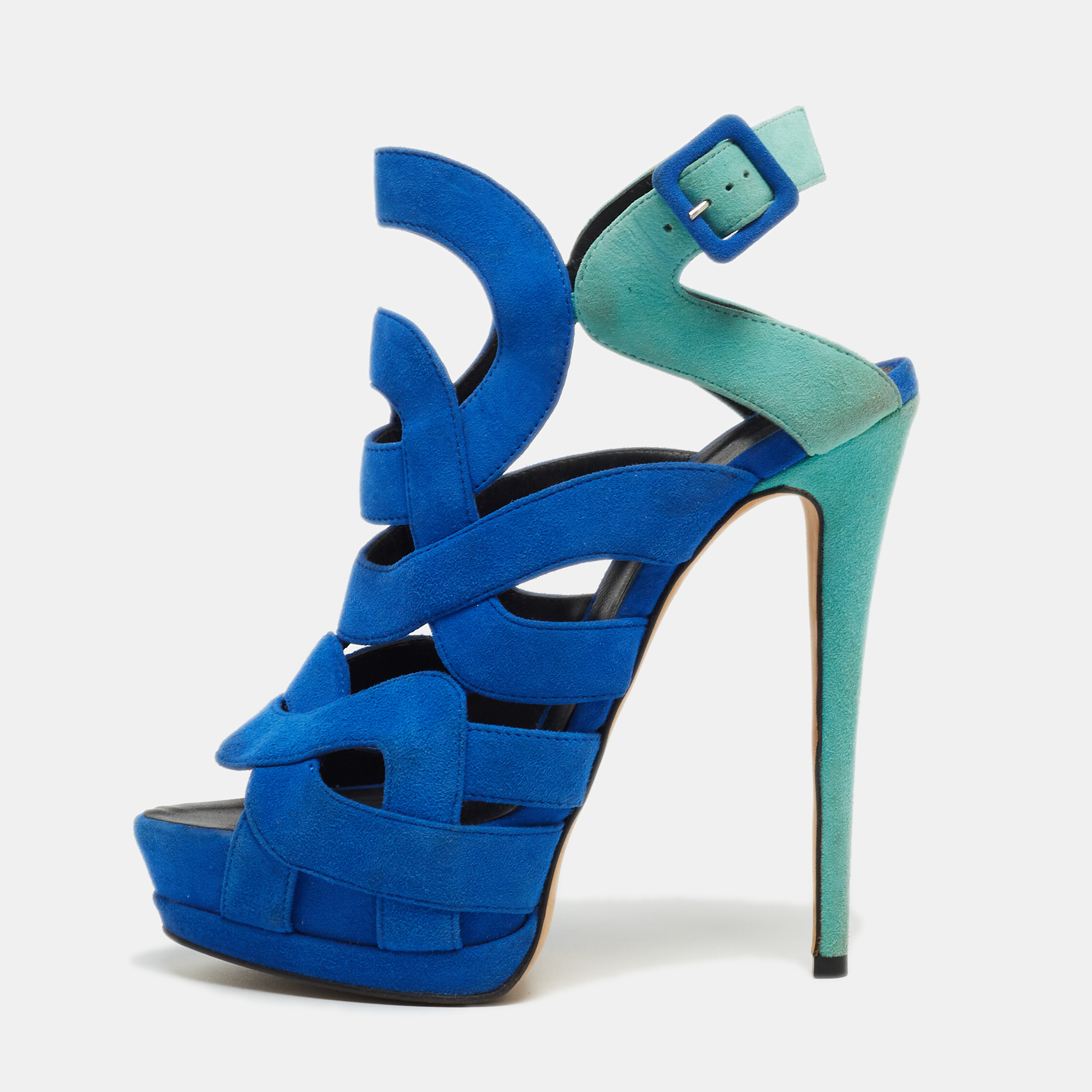Pre-owned Giuseppe Zanotti Two Tone Suede Cutout Caged Slingback Platform Sandals Size 38.5 In Blue