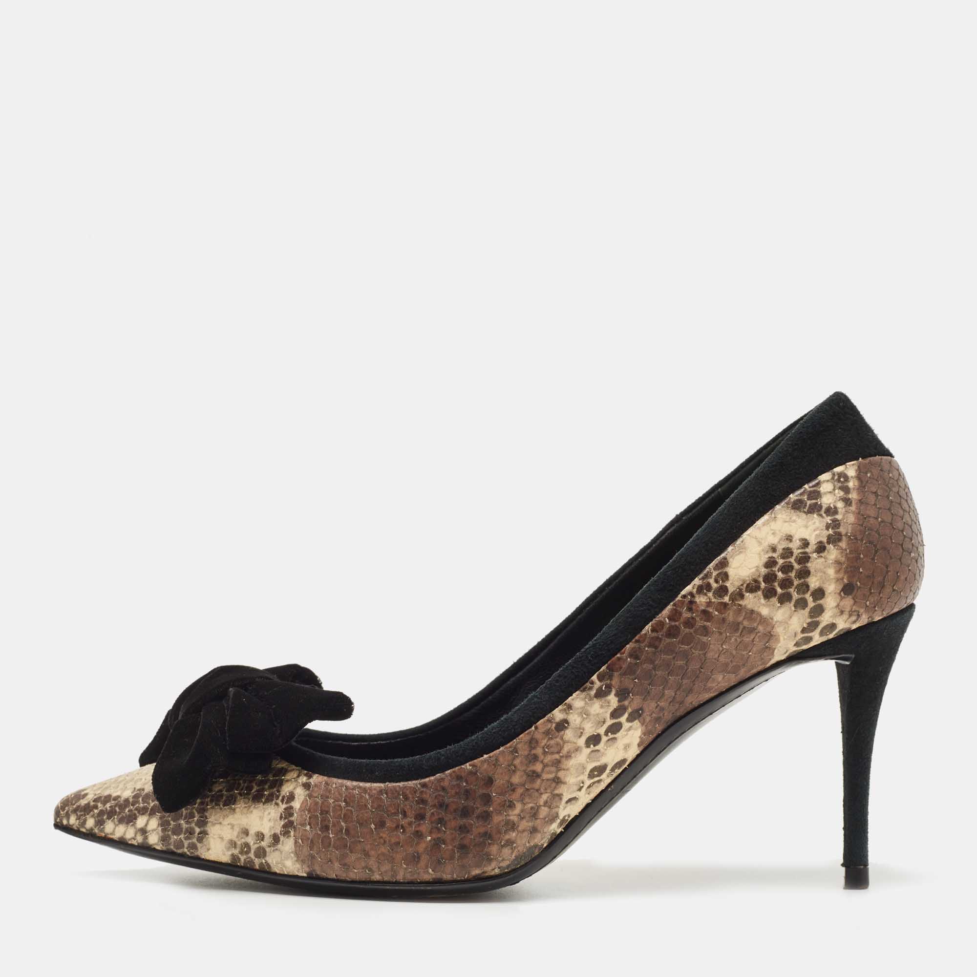 Pre-owned Giuseppe Zanotti Brown/black Suede And Python Embossed Bow Pointed Toe Pumps Size 39