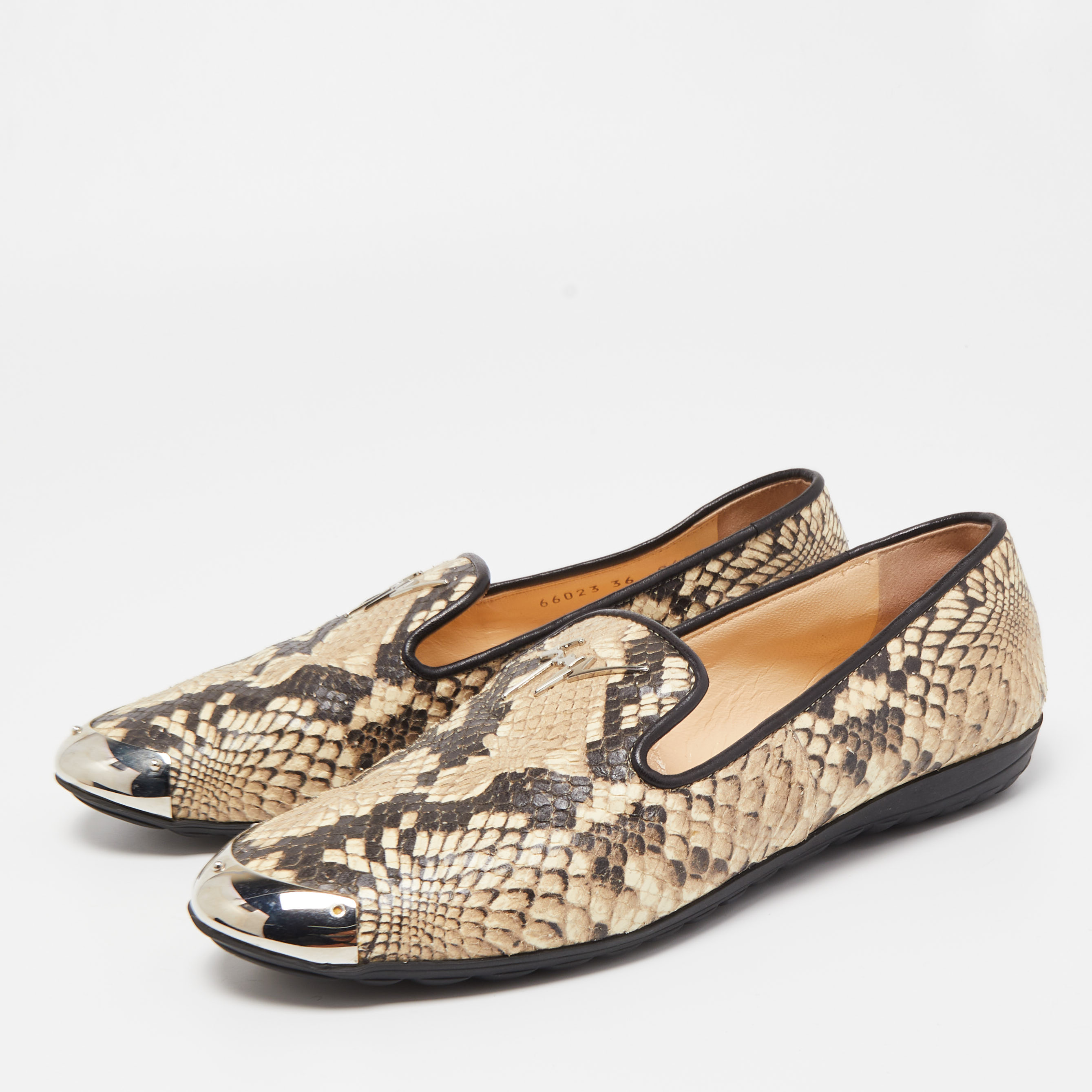 

Giuseppe Zanotti Two Tone Python Embossed Leather Smoking Slippers Size, Beige