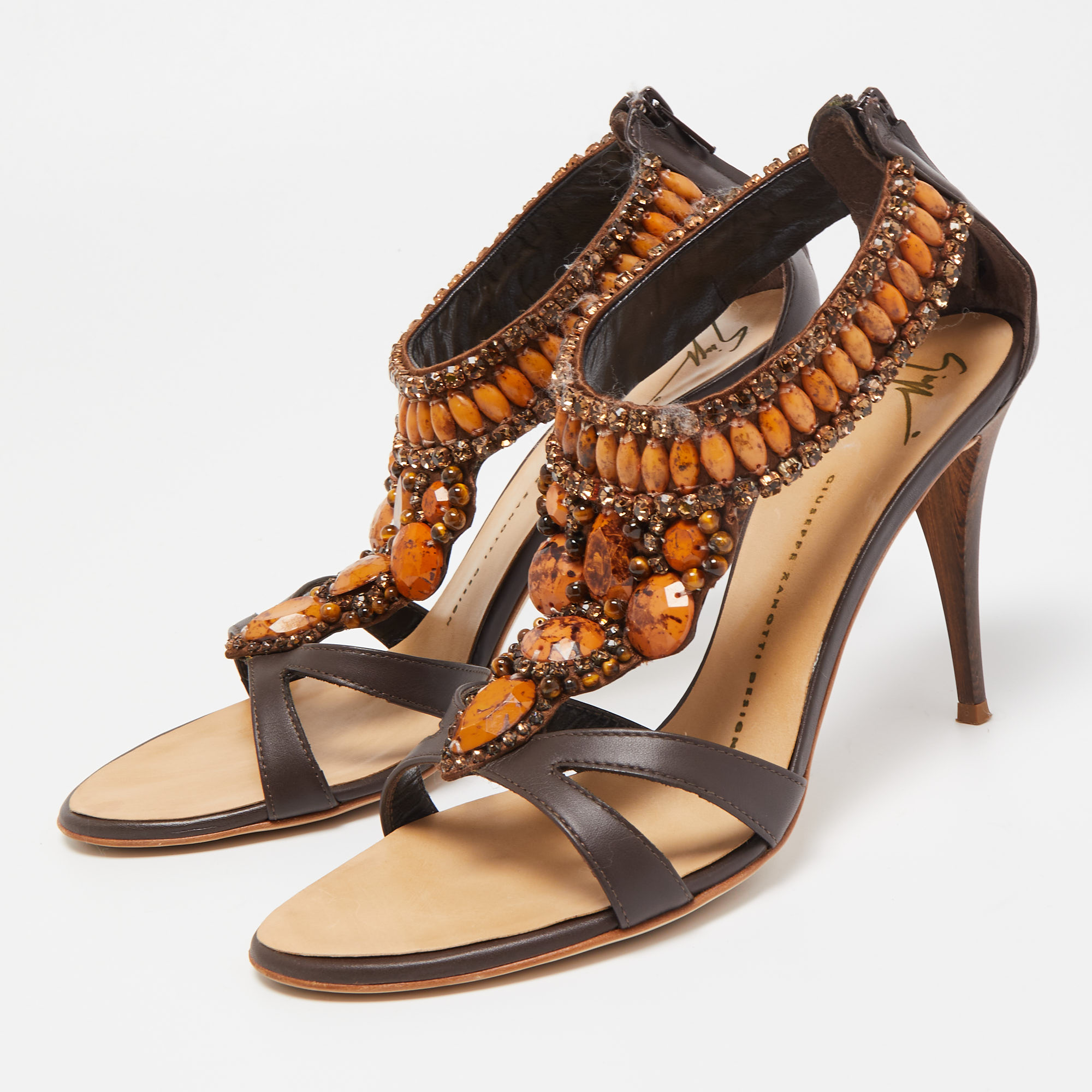 

Giuseppe Zanotti Brown Leather Crystal Embellished T- Strap Sandals Size