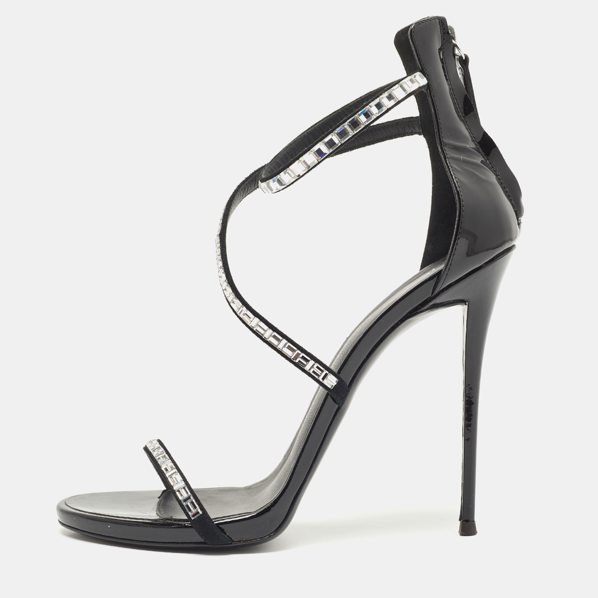 Pre-owned Giuseppe Zanotti Giuseppe Zannoti Black Patent Leather And Suede Callipe Crystal Embellished Strappy Sandals Size 40