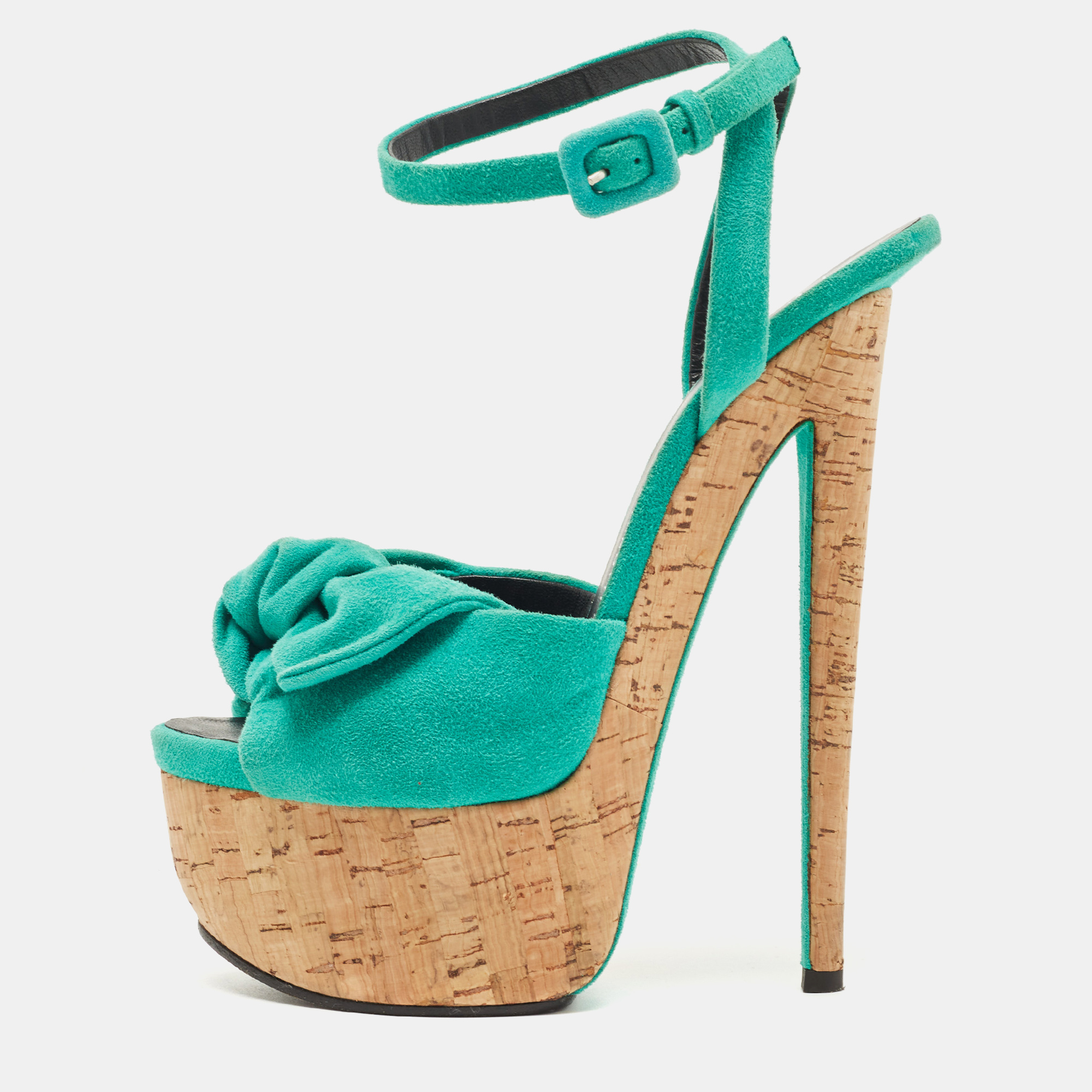 Pre-owned Giuseppe Zanotti Green Suede Bow Cork Wedge Platform Ankle Strap Sandals Size 38