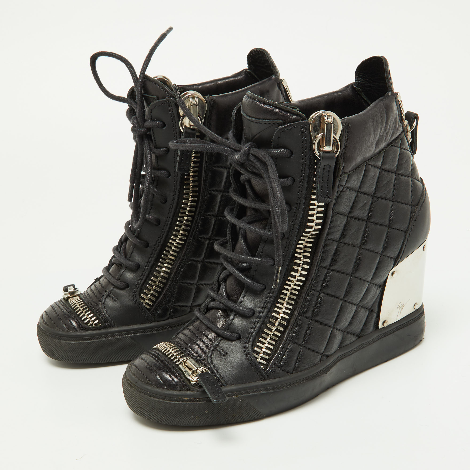 

Giuseppe Zanotti Black Quilted Leather Wedge Sneakers Size