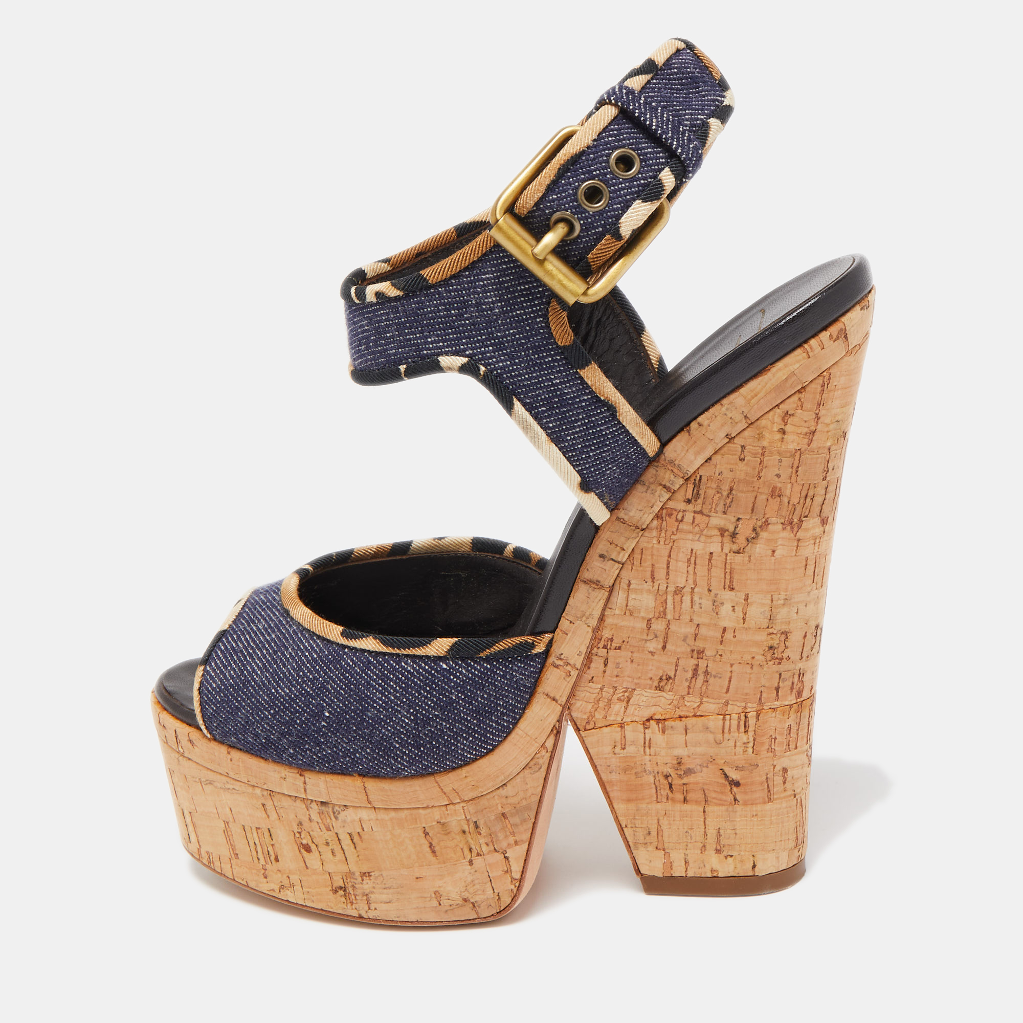 

Giuseppe Zanotti Dark Wash Denim Cork Heel Platform Wedge Sandals Size, Navy blue