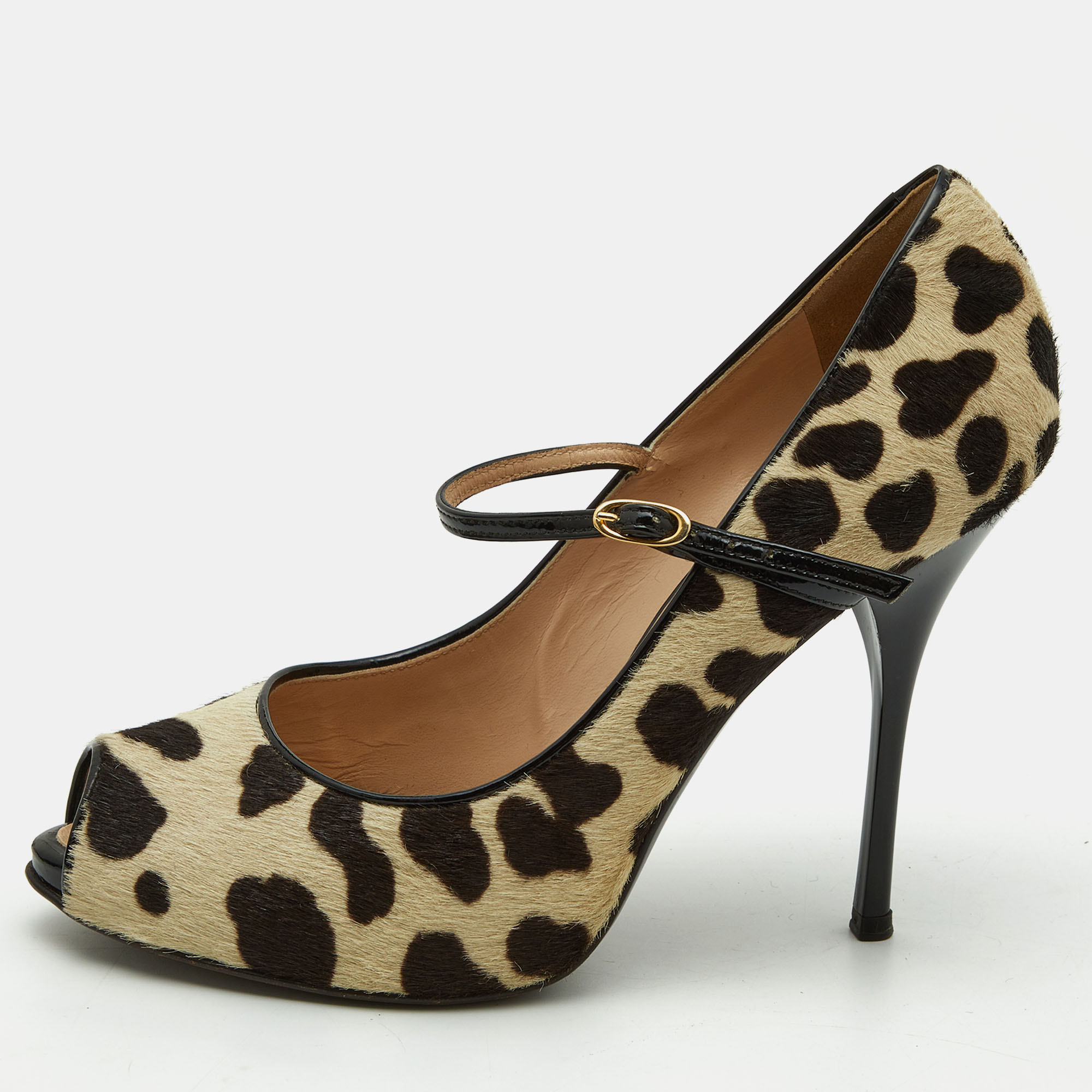 

Giuseppe Zanotti Beige/Brown Leopard Print Calfhair and Patent Leather Peep Toe Pumps Size