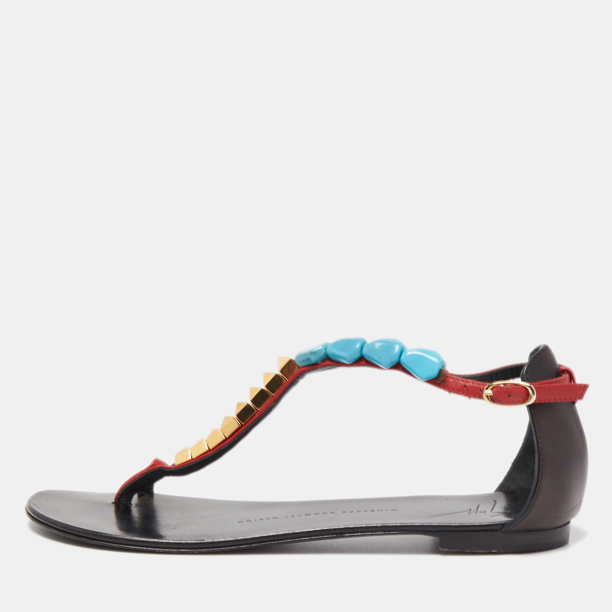 Pre-owned Giuseppe Zanotti Red/black Leather Turquoise Beaded Ankle Strap Thong Sandals Size 38 In Multicolor