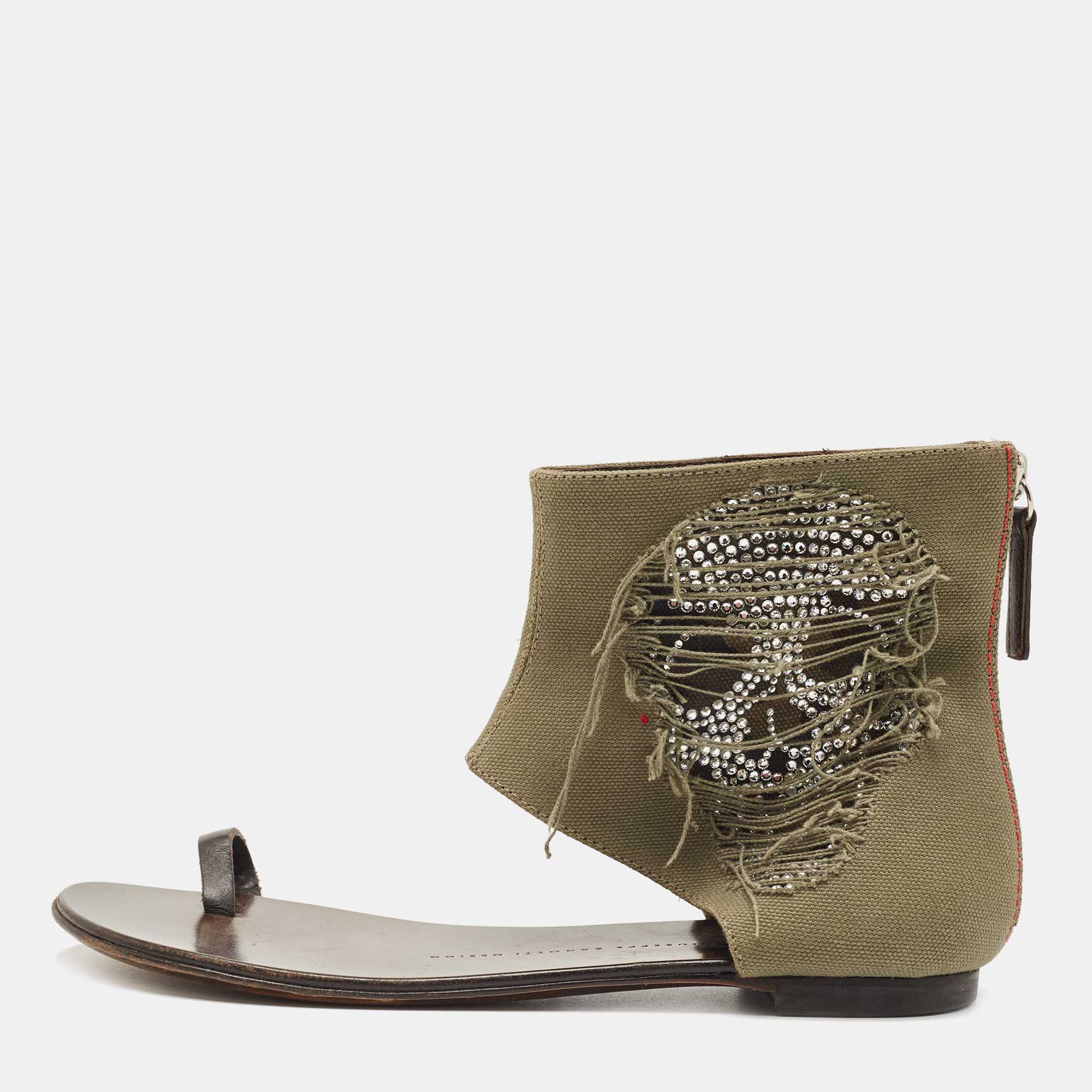 Pre-owned Giuseppe Zanotti Green Canvas Skull Crystal Embellished Toe Ring Zipper Flats Size 36