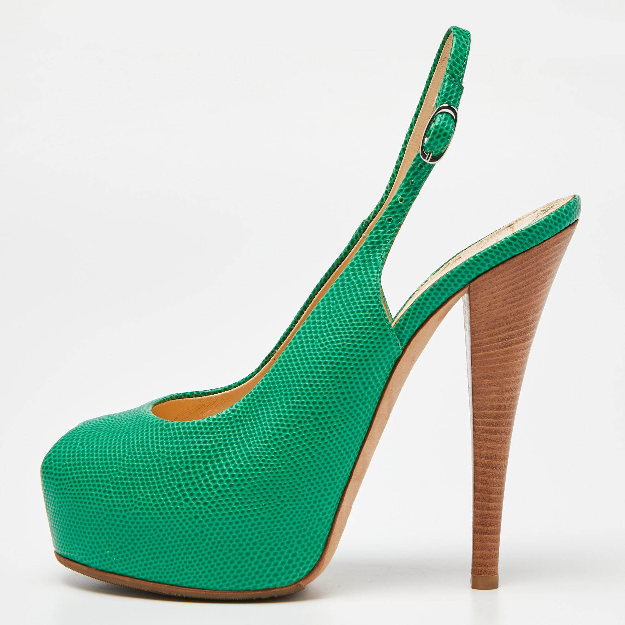 

Giuseppe Zanotti Green Lizard Embossed Leather Slingback Sandals Size