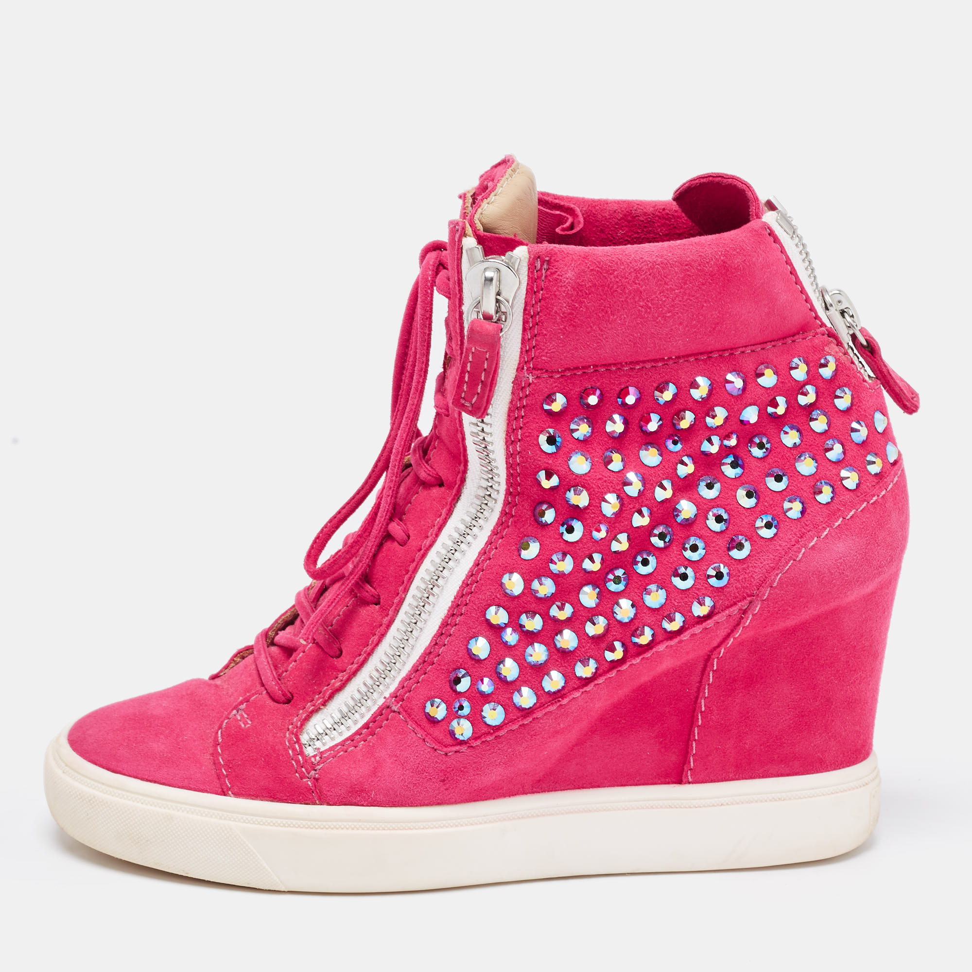 

Giuseppe Zanotti Pink Suede Crystal Embellished Wedge Sneakers Size