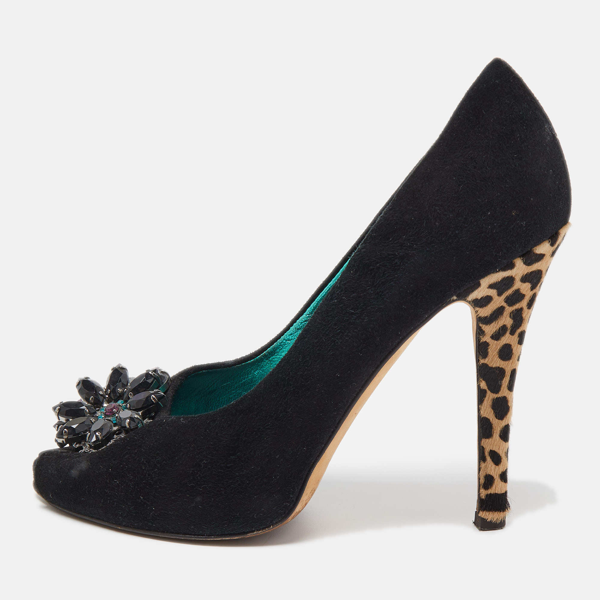 

Giuseppe Zanotti Black Suede Crystal Embellished Peep Toe Platform Pumps Size