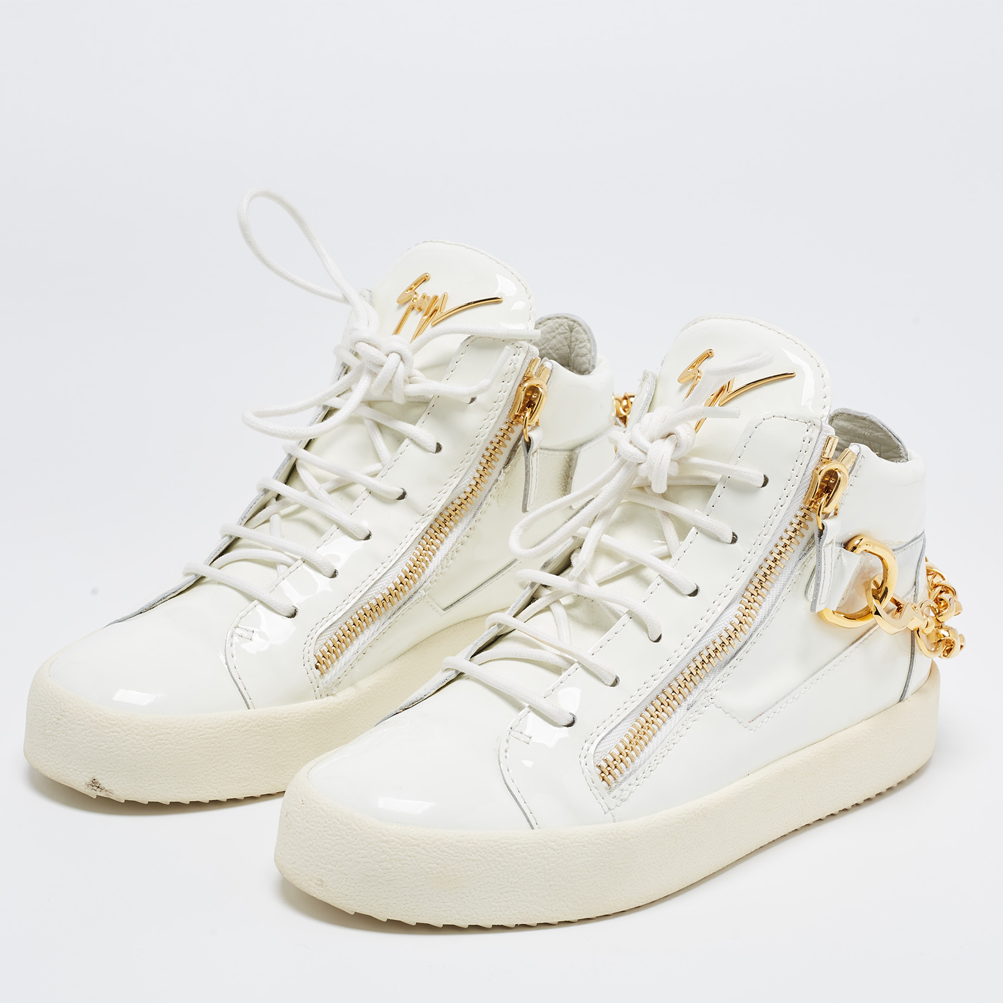 

Giuseppe Zanotti White Patent Leather High Top Sneakers Size