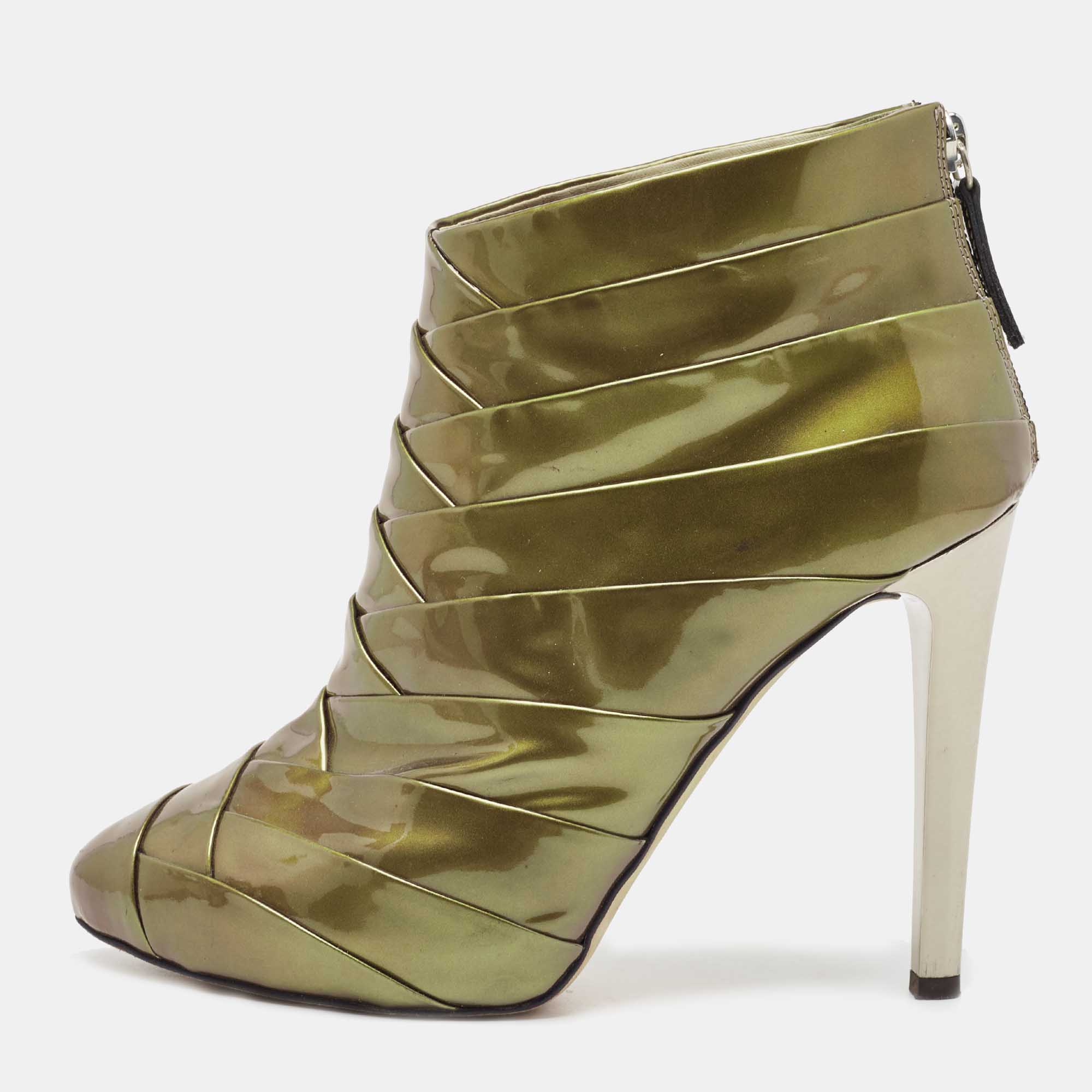 Pre-owned Giuseppe Zanotti Olive Green Patent Leather Ankle Booties Size 38