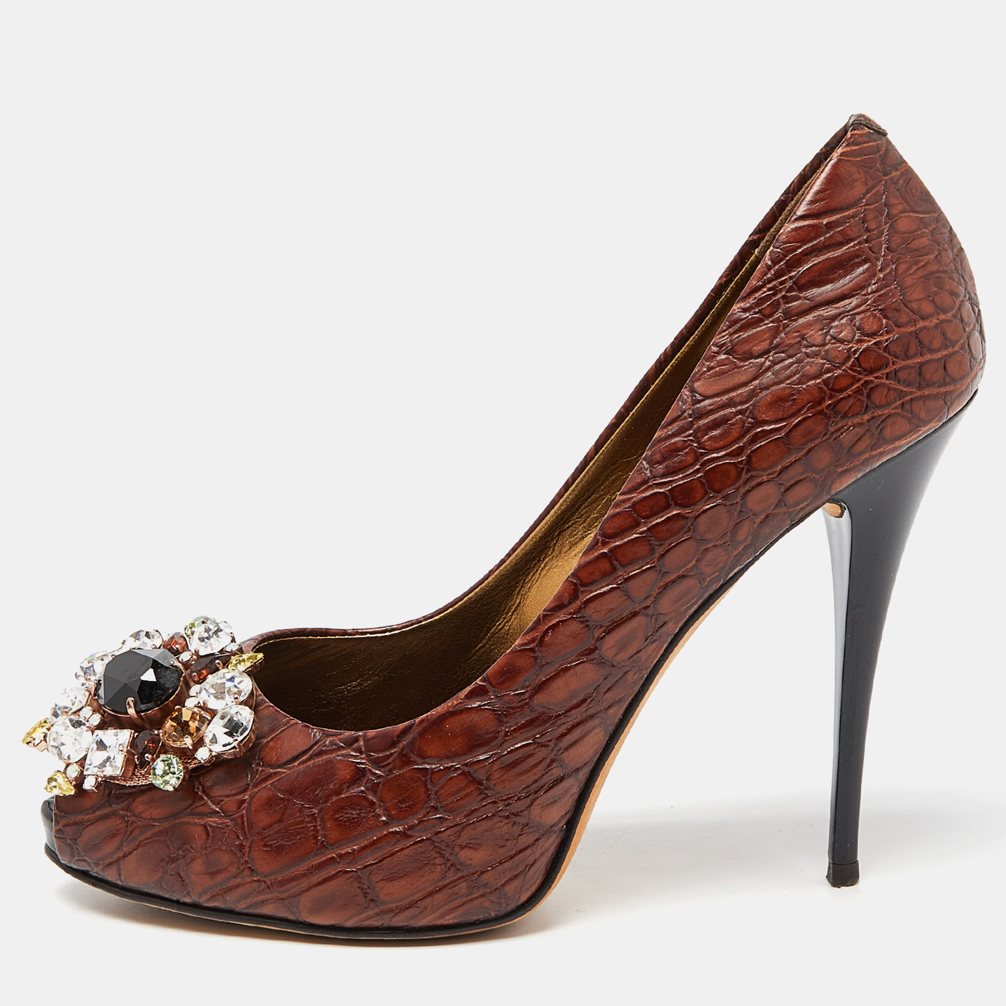 Pre-owned Giuseppe Zanotti Brown Croc Embossed Leather Crystal Embellished Peep Toe Pumps Size 37