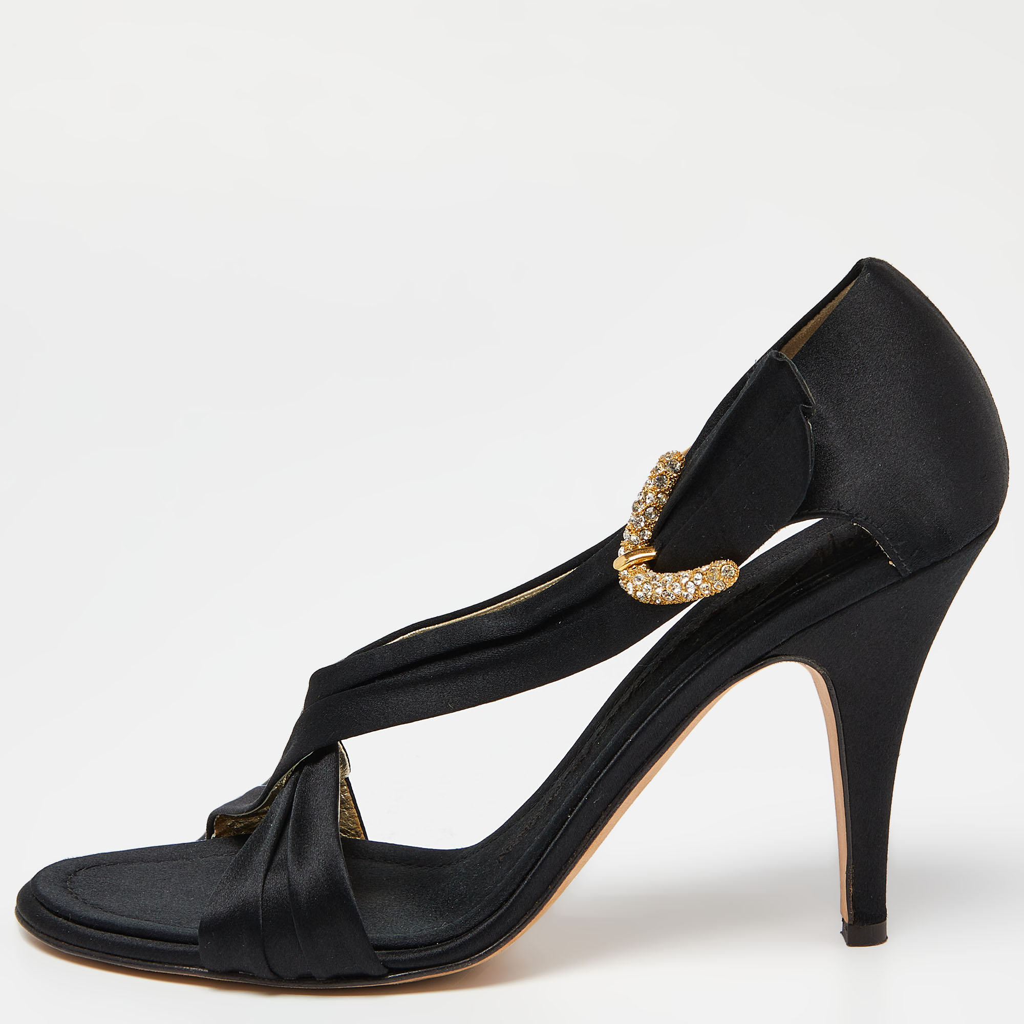 Pre-owned Giuseppe Zanotti Black Satin Crystal Embellished Sandals Size 38
