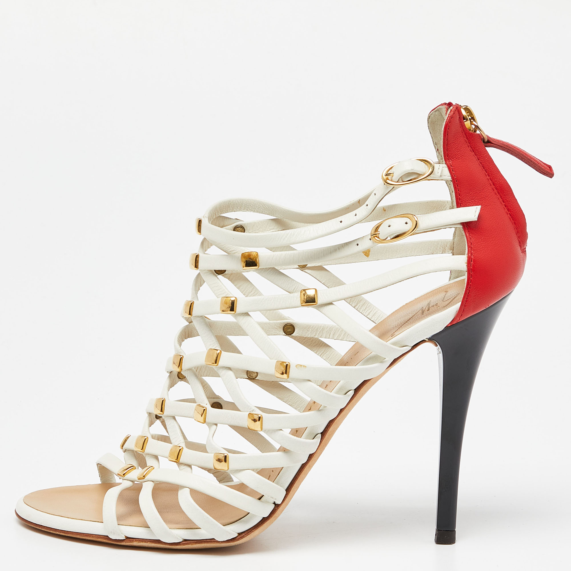Pre-owned Giuseppe Zanotti White/red Leather Embellished Strappy Sandals Size 38.5