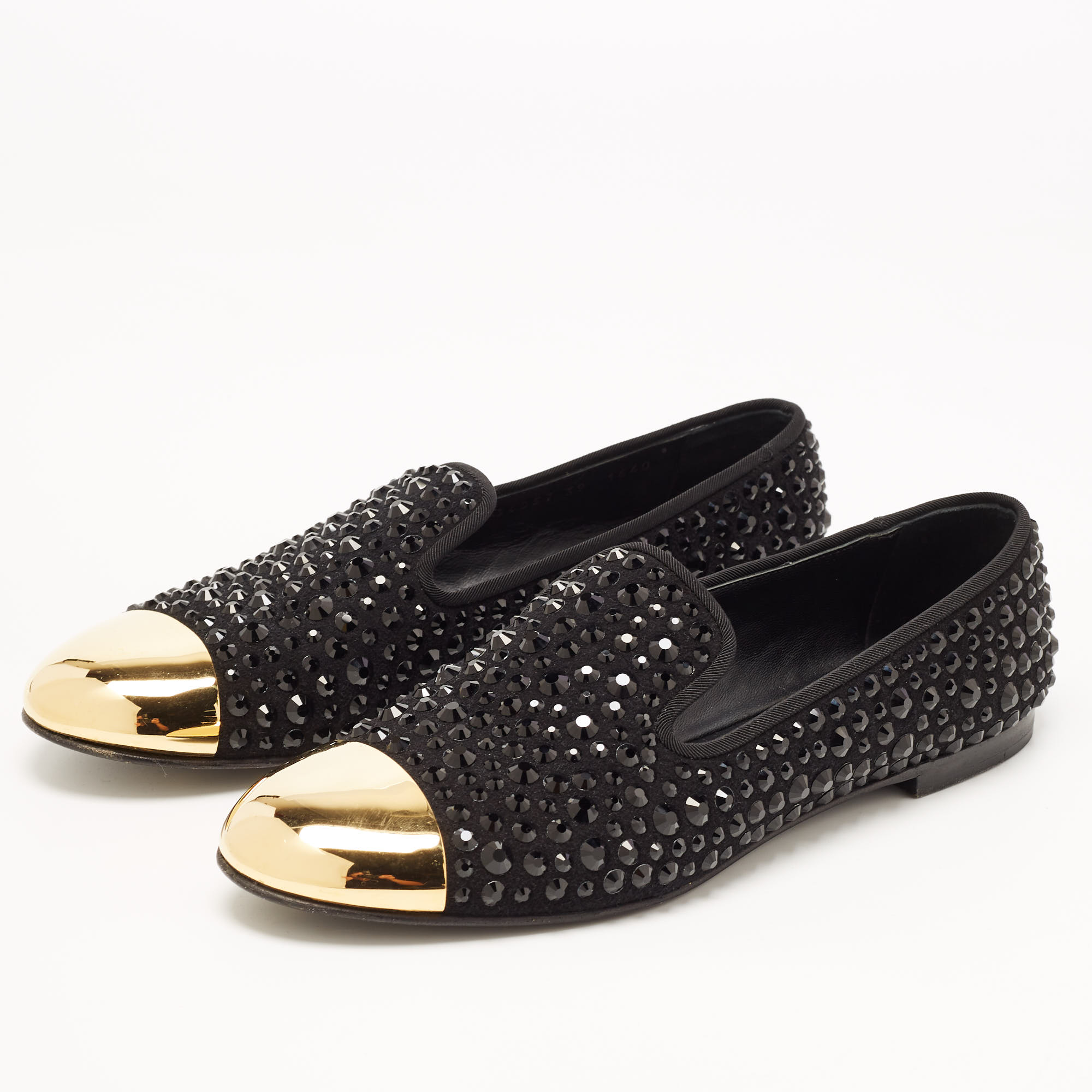 

Giuseppe Zanotti Black/Gold Suede Cap Toe Crystals Embellished Smoking Slippers Size