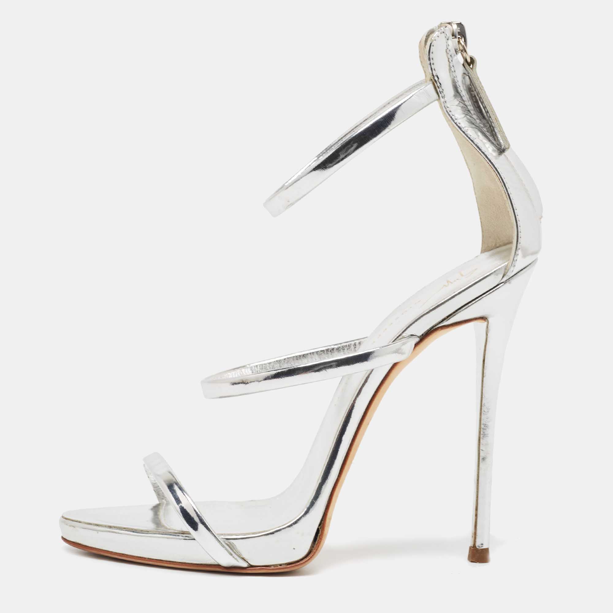 Pre-owned Giuseppe Zanotti Silver Foil Leather Harmony Ankle Strap Sandals Size 37