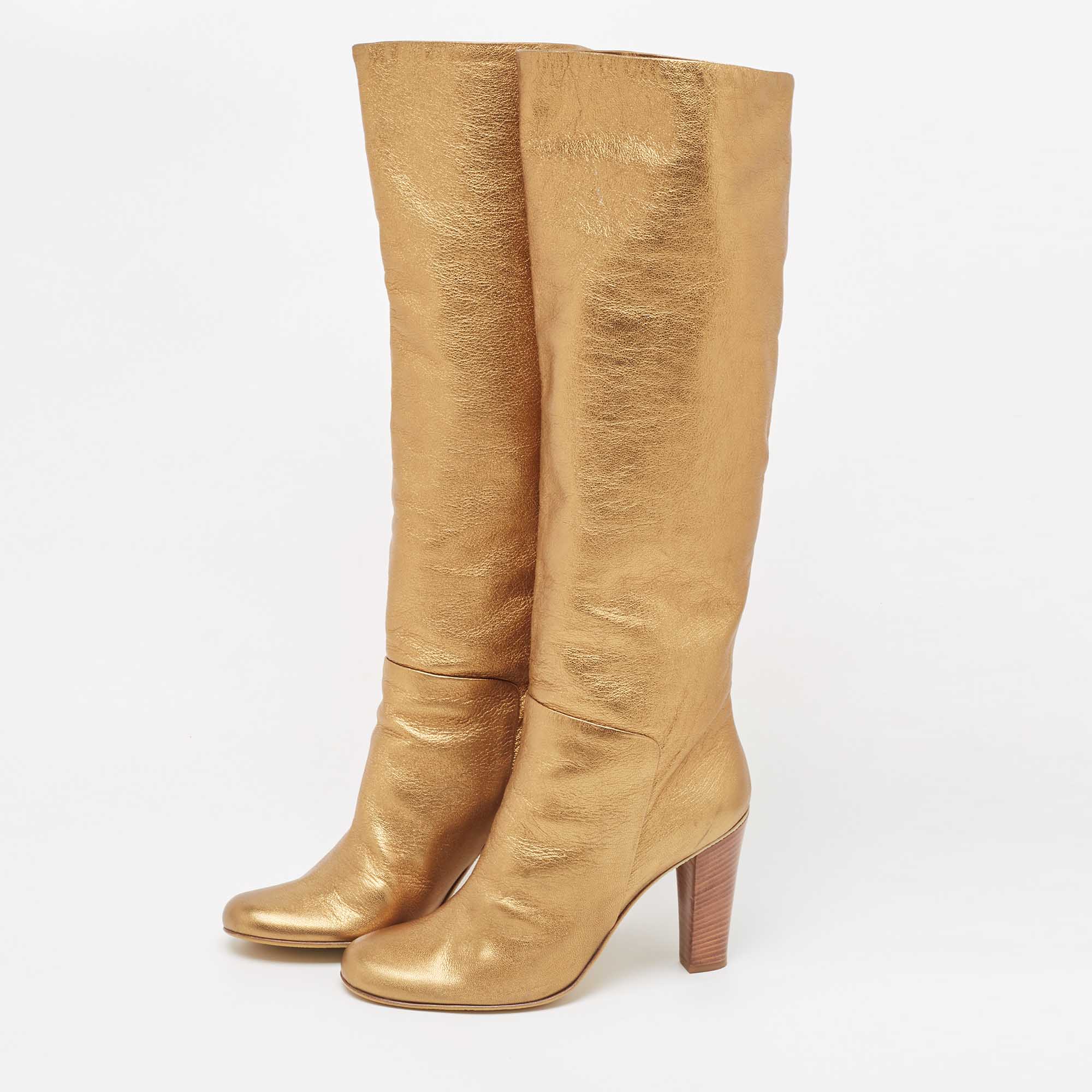 

Giuseppe Zanotti Gold Leather Block Heel Knee High Boots Size