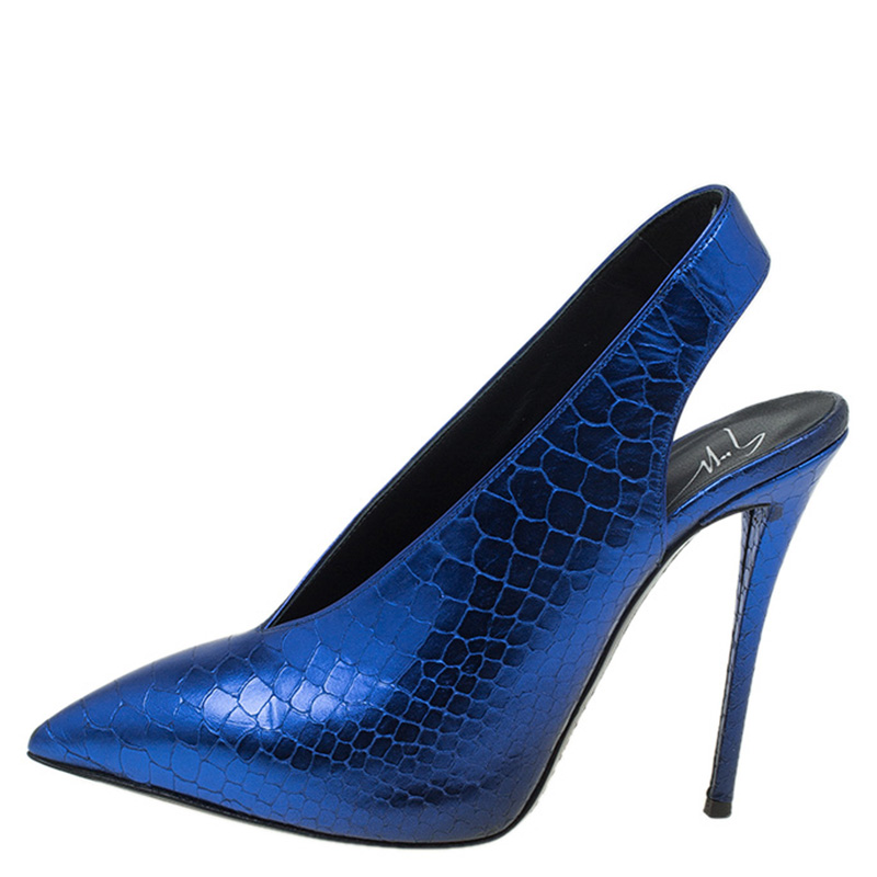 

Giuseppe Zanotti Metallic Blue Python Embossed Leather Slingback Booties Size